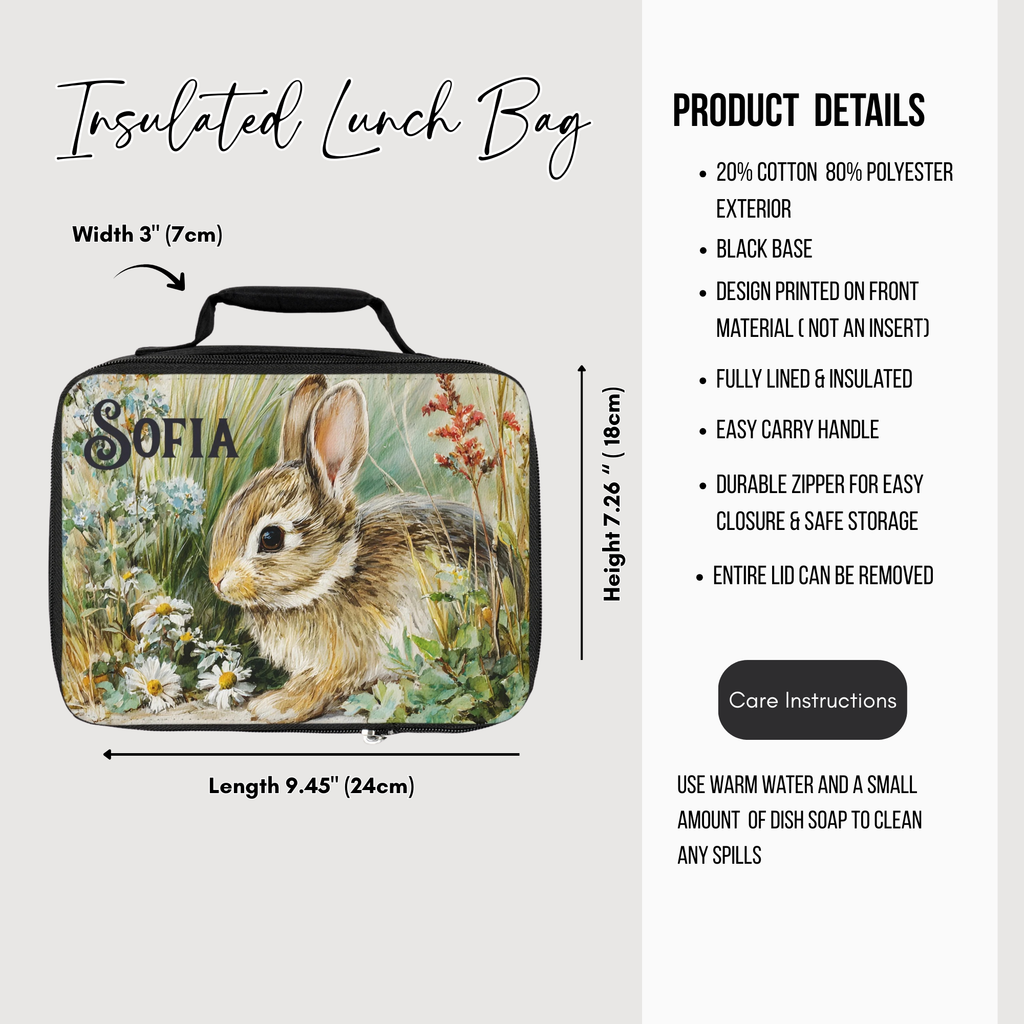 Insulated lunch bag with rabbit design and product details on a white background