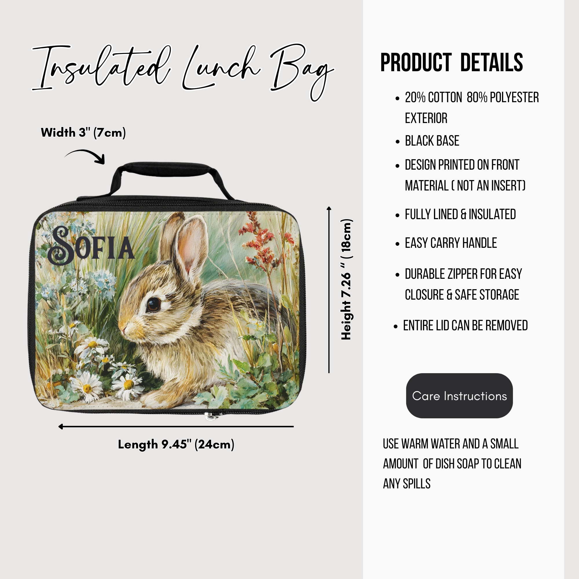 Insulated lunch bag with rabbit design and product details on a white background