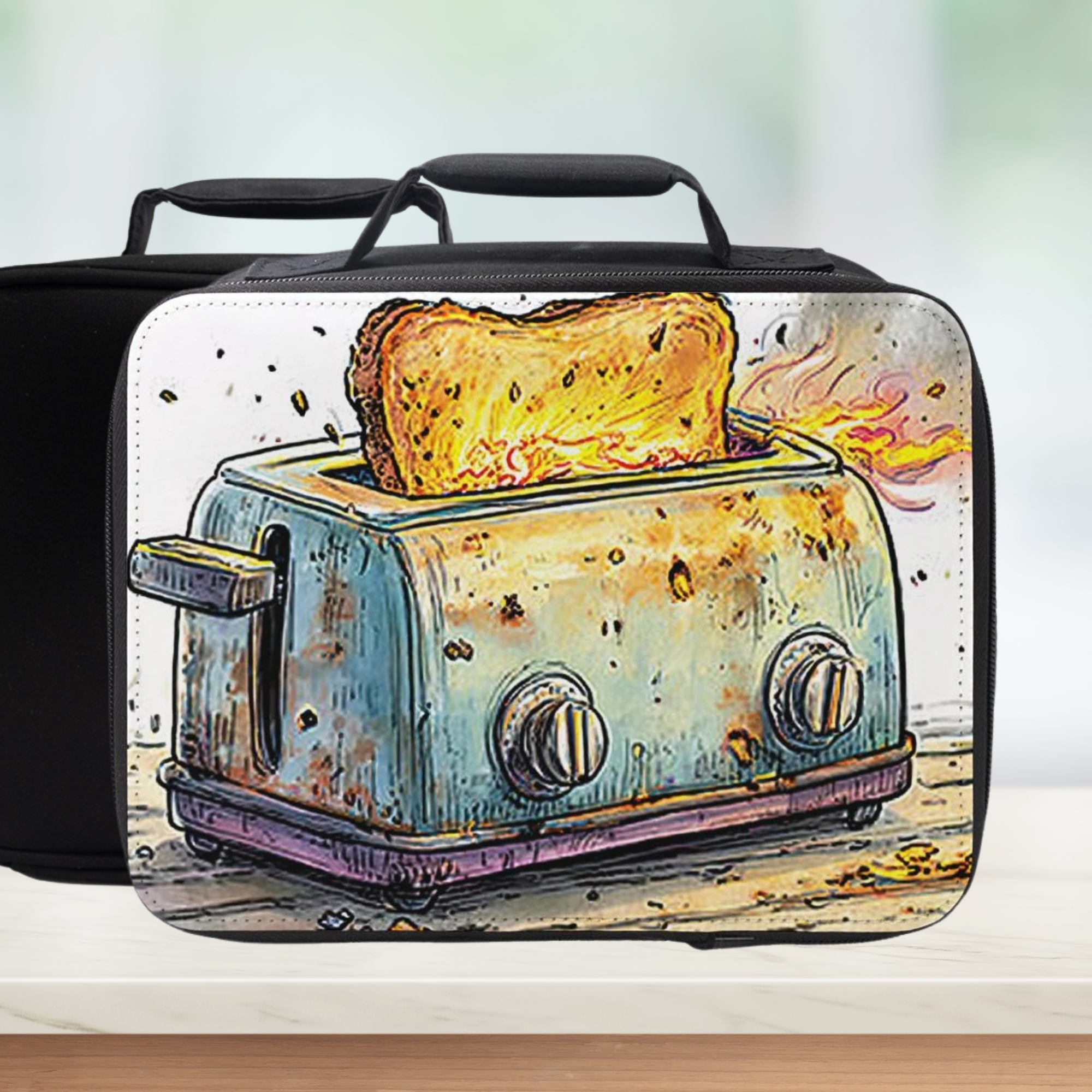 Lunch bag with a toaster and flaming toast design on a white background