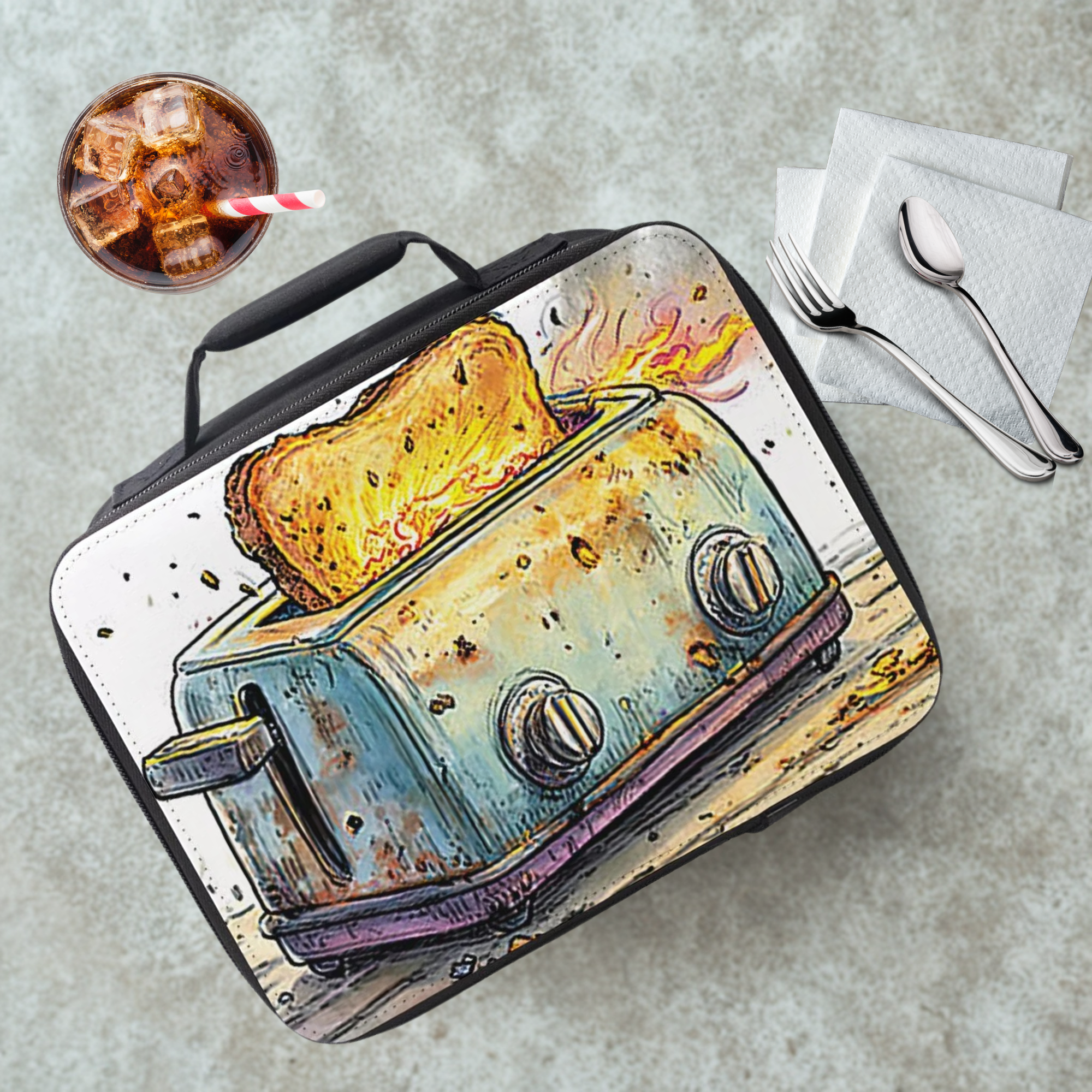Lunch bag with a design of a toaster and bread with flames, placed on a cafeteria table with a drink and utensils.