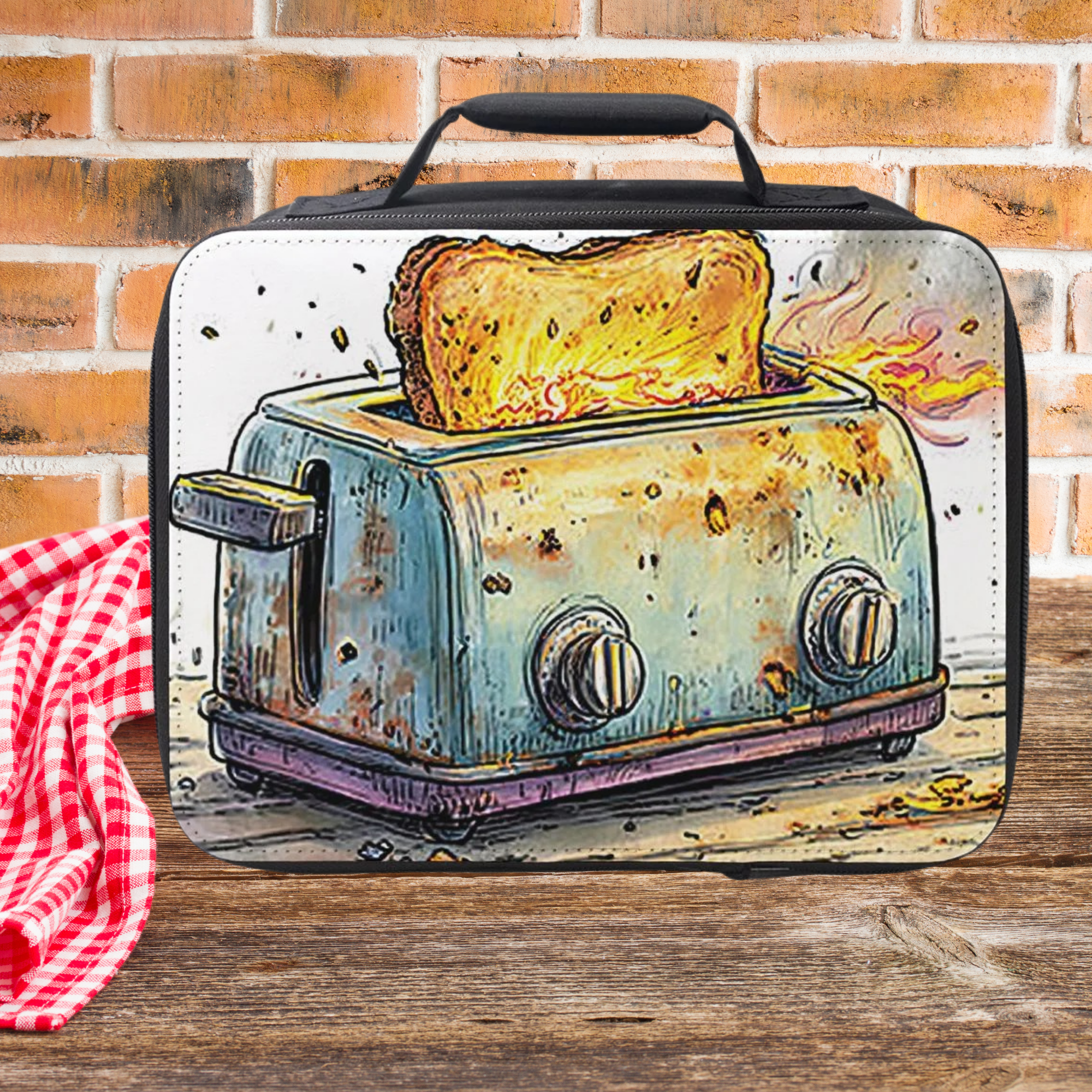 Lunch bag with a toaster design featuring flaming toast on a picnic table against a brick wall background
