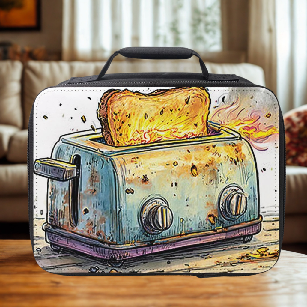  insulated lunch bag with a toaster and toast design on a wooden surface