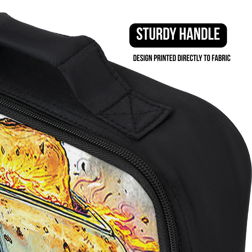 Black lunch bag with a design printed directly to fabric, featuring a handle and text indicating the feature.