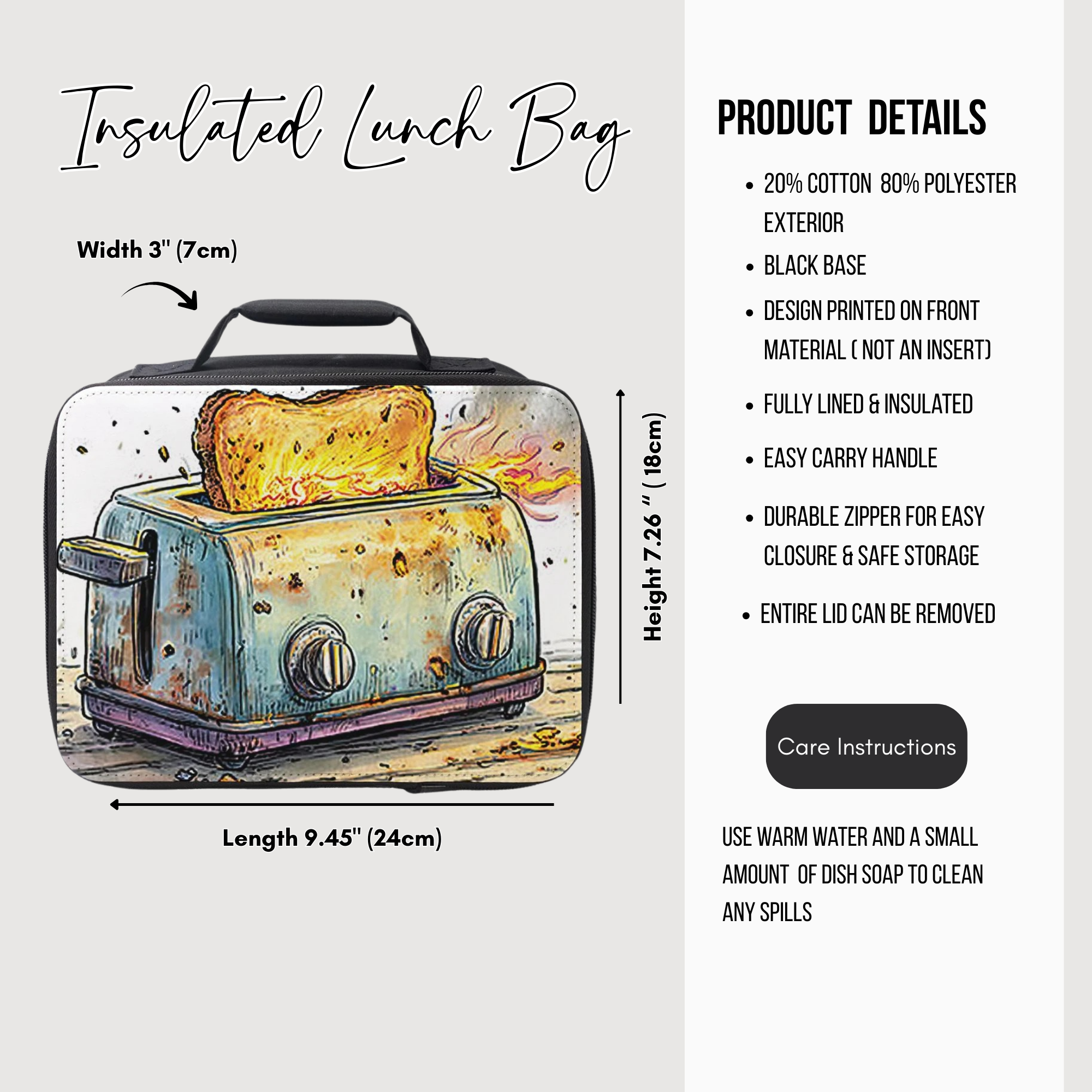 Insulated lunch bag with toaster design and product details on a white background