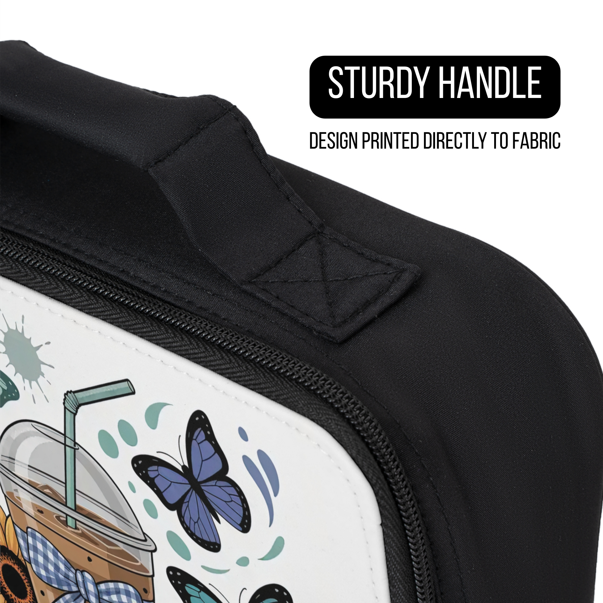 Black lunch bag with a butterfly & coffee design and sturdy handle on a white background