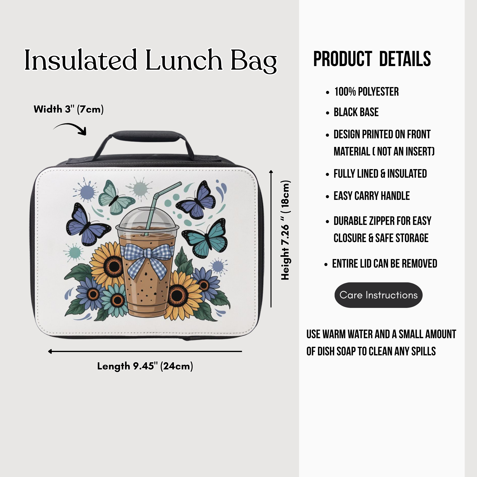 Insulated lunch bag with floral and butterfly design, featuring product details on a white background.