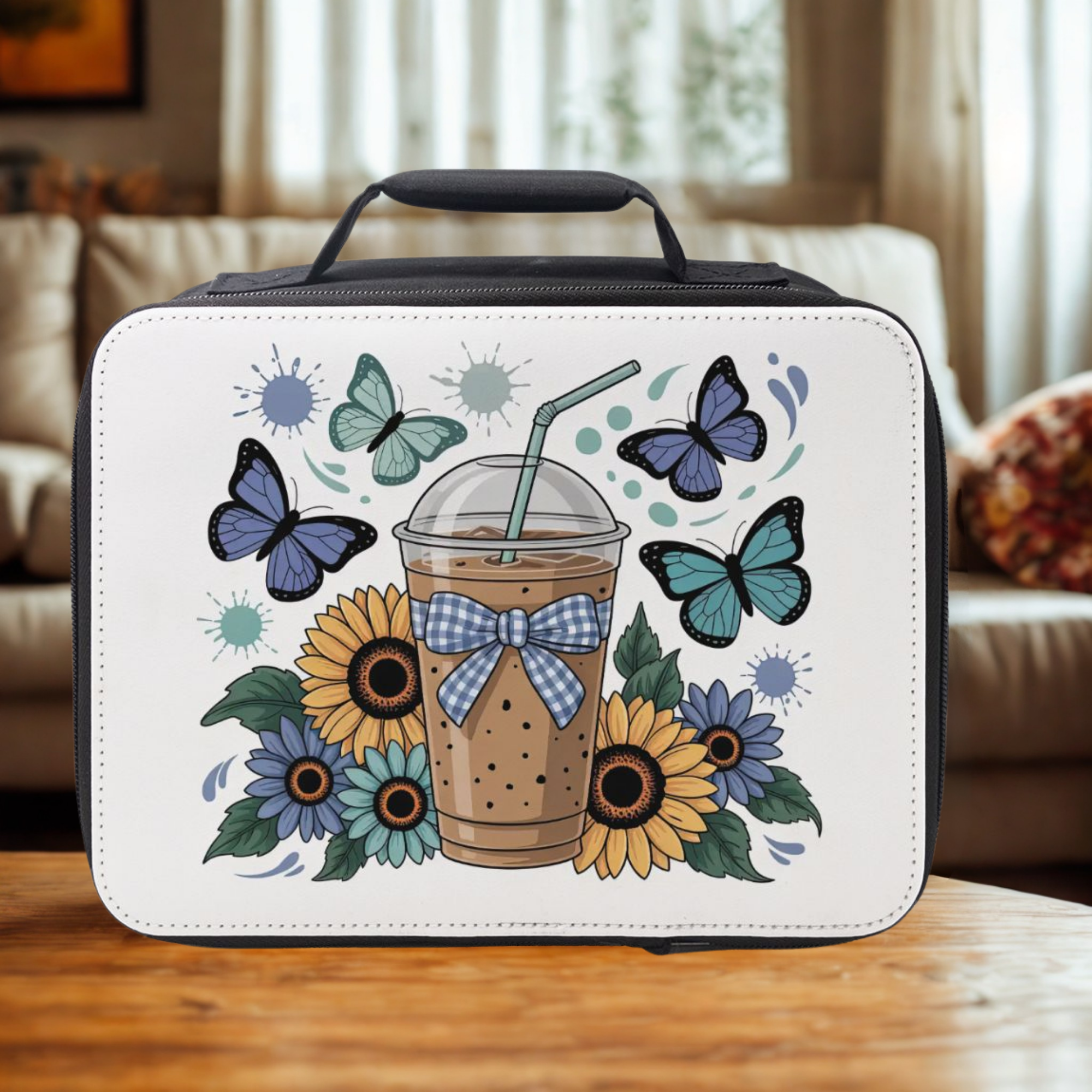  insulated lunch bag with butterfly and floral design on a wooden surface