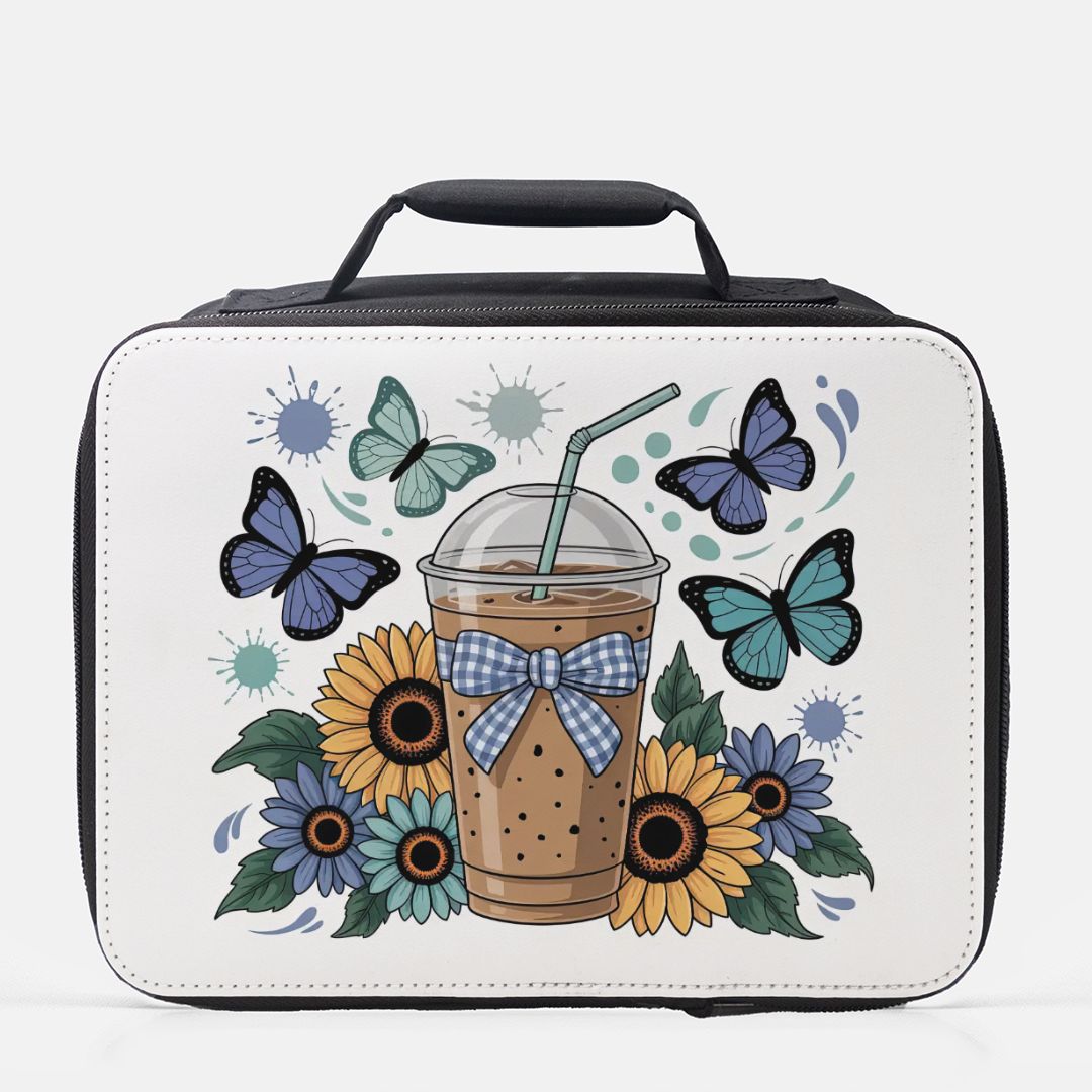  insulated lunch bag with a design of a coffee cup with a bow, butterflies, and flowers on a white background