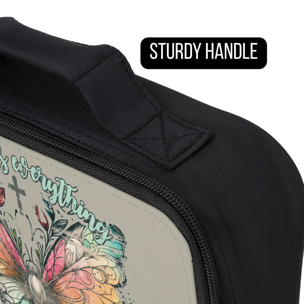 Lunch bag with colorful butterfly design and 'Sturdy Handle' label