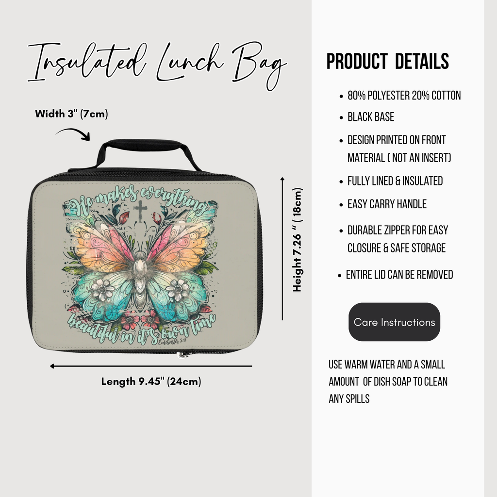 Insulated lunch bag with butterfly design and product details on a white background
