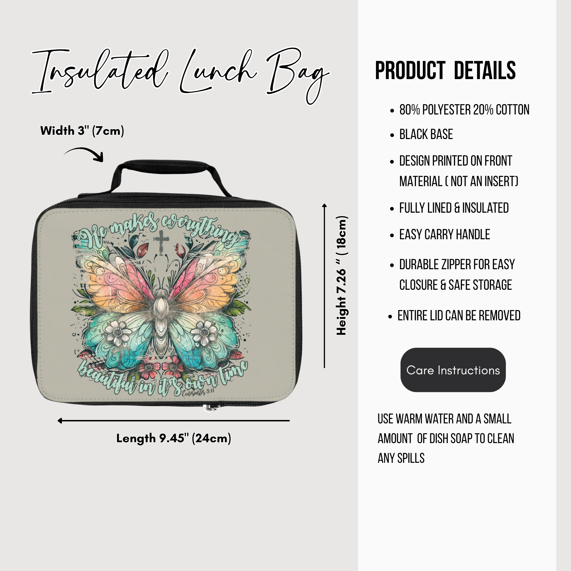 Insulated lunch bag with butterfly design and product details on a white background