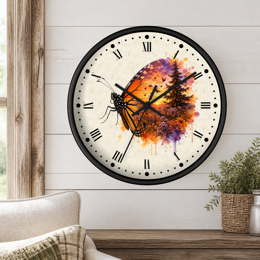 A round wall clock with a black frame and a butterfly motif over a colorful watercolor landscape on the dial, mounted on a white shiplap wall above a wooden table with a plant and part of a chair visible.
