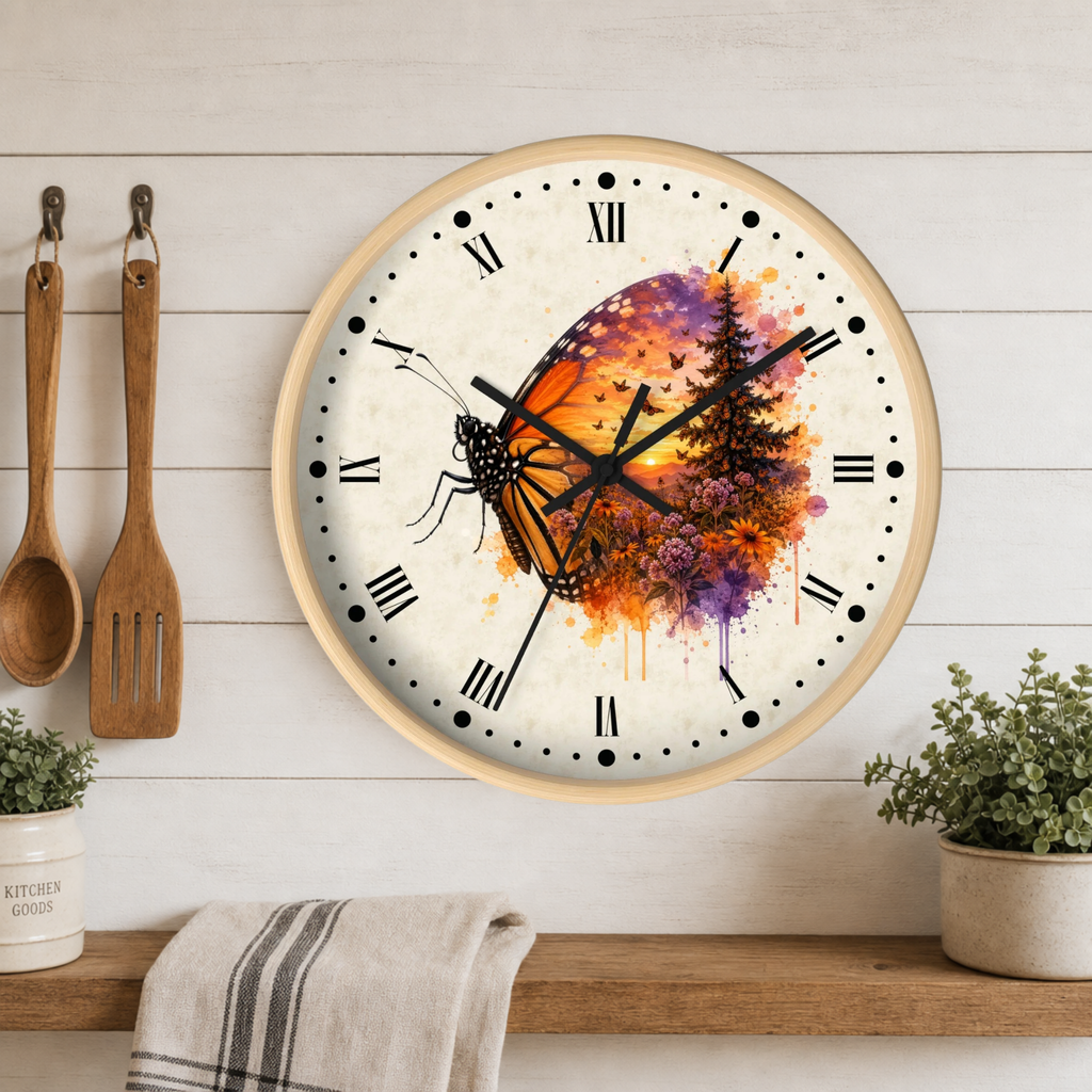 A round wall clock with a light wood frame hangs on a white wood plank wall above a wooden shelf. The clock face features a colorful butterfly and tree watercolor design in orange, purple, and yellow on a cream background.