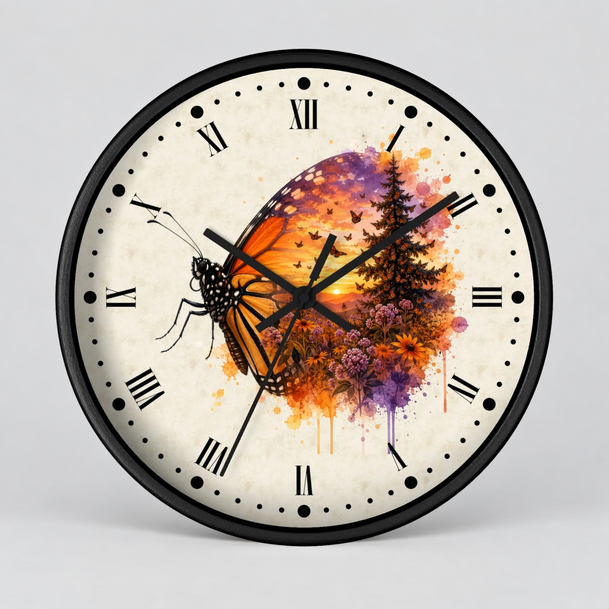 A round wall clock with a black frame and a cream-colored face featuring a colorful butterfly and floral tree illustration in orange, purple, and yellow tones, with black Roman numerals and hands.