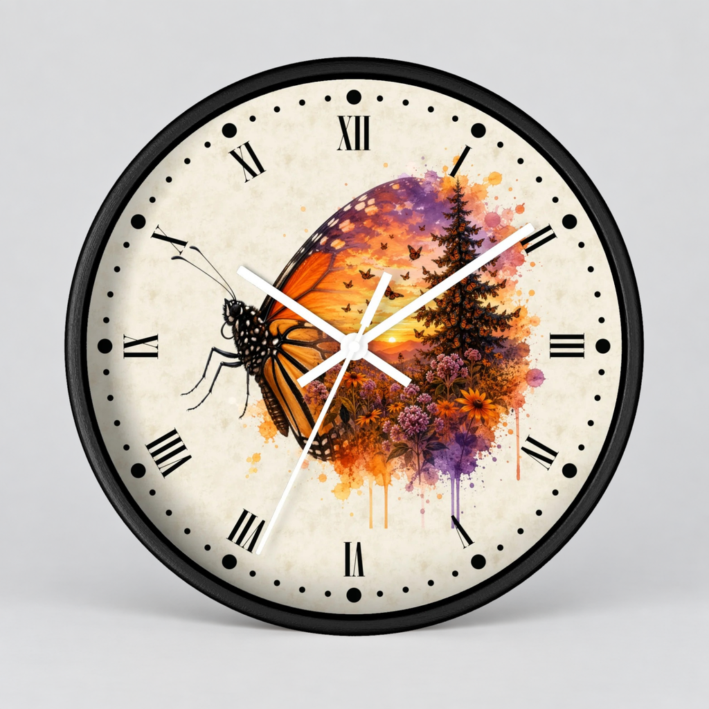 A round wall clock with a black frame and a cream-colored face featuring a butterfly and watercolor floral tree design in orange, purple, and yellow tones, with black Roman numerals and white hands.