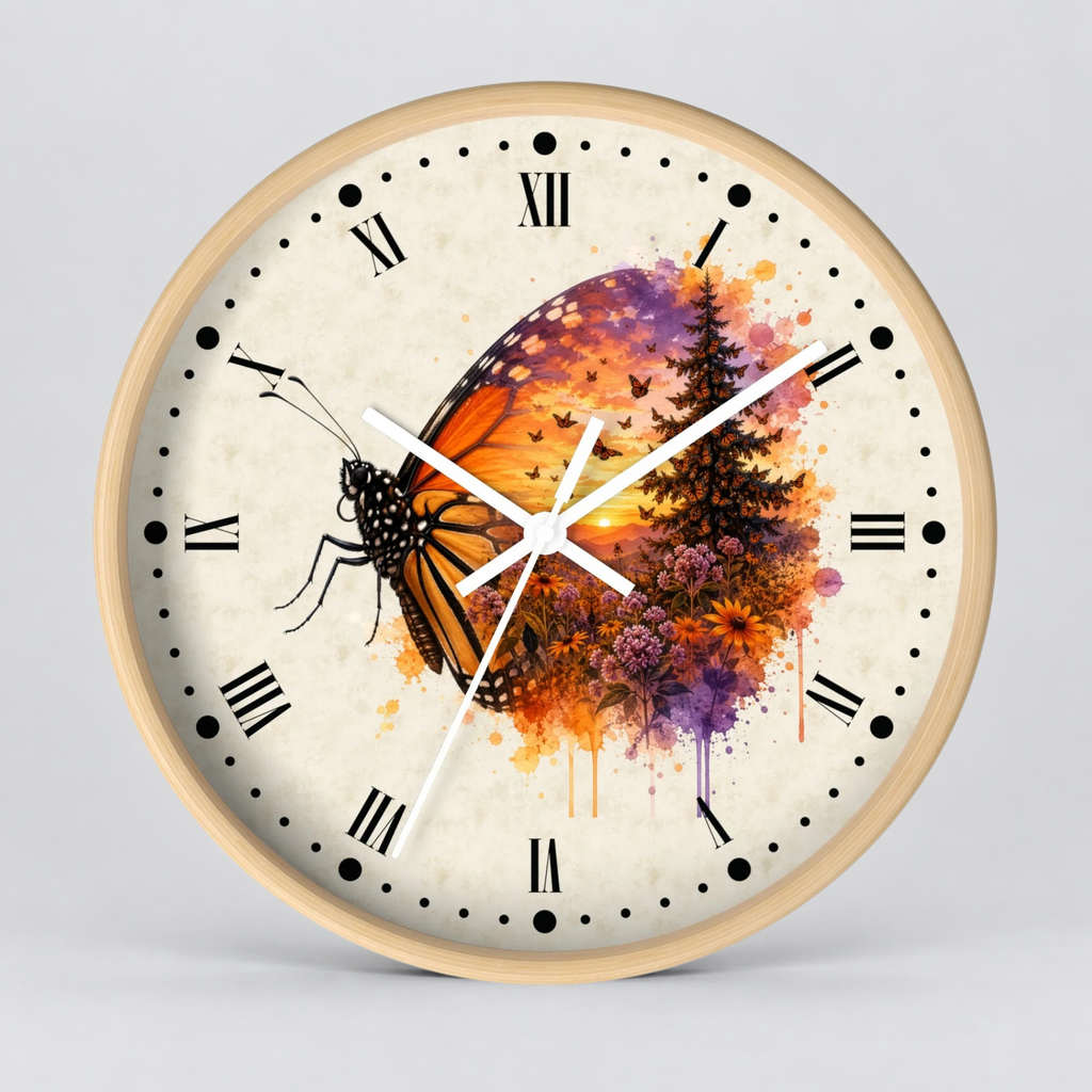 Round wall clock with a light wood frame and a cream-colored face featuring a butterfly and watercolor floral landscape design.
