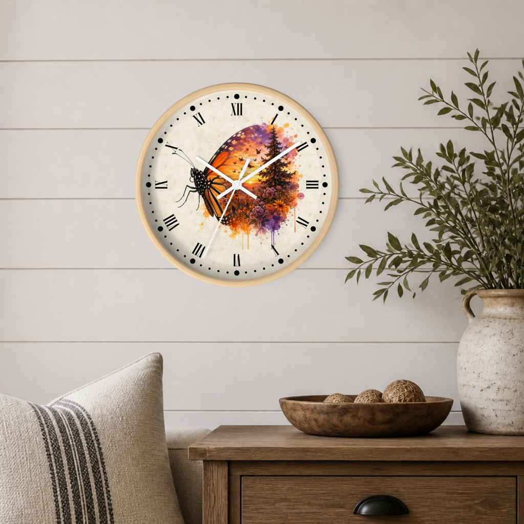 A round wall clock with a light wood frame hangs on a white shiplap wall above a wooden side table. The clock face features a colorful butterfly illustration with orange, purple, and black tones on a cream background with Roman numerals.