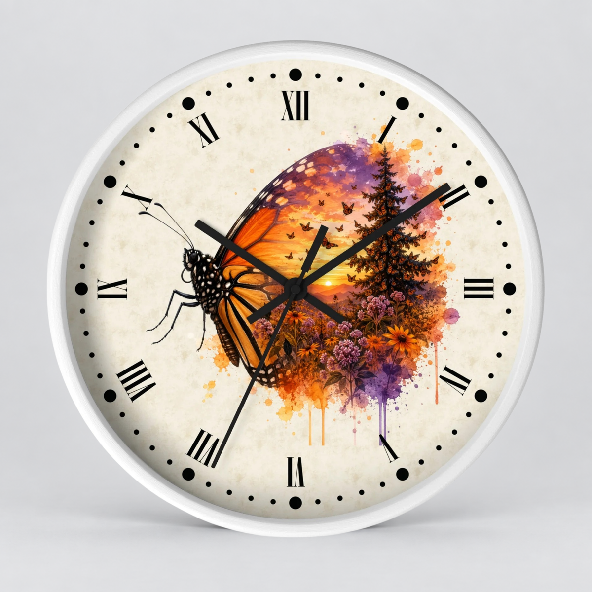 A round wall clock with a white frame and a vintage-style cream dial featuring a watercolor butterfly and floral tree design in orange, purple, and yellow.