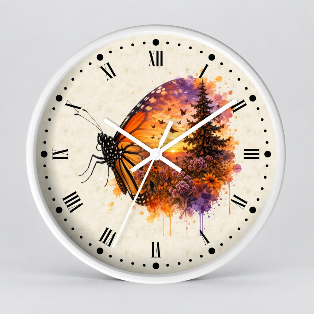 A round wall clock with a white frame and a cream-colored face featuring a colorful butterfly and floral watercolor design in orange, purple, yellow, and green, with black Roman numerals and white hands.