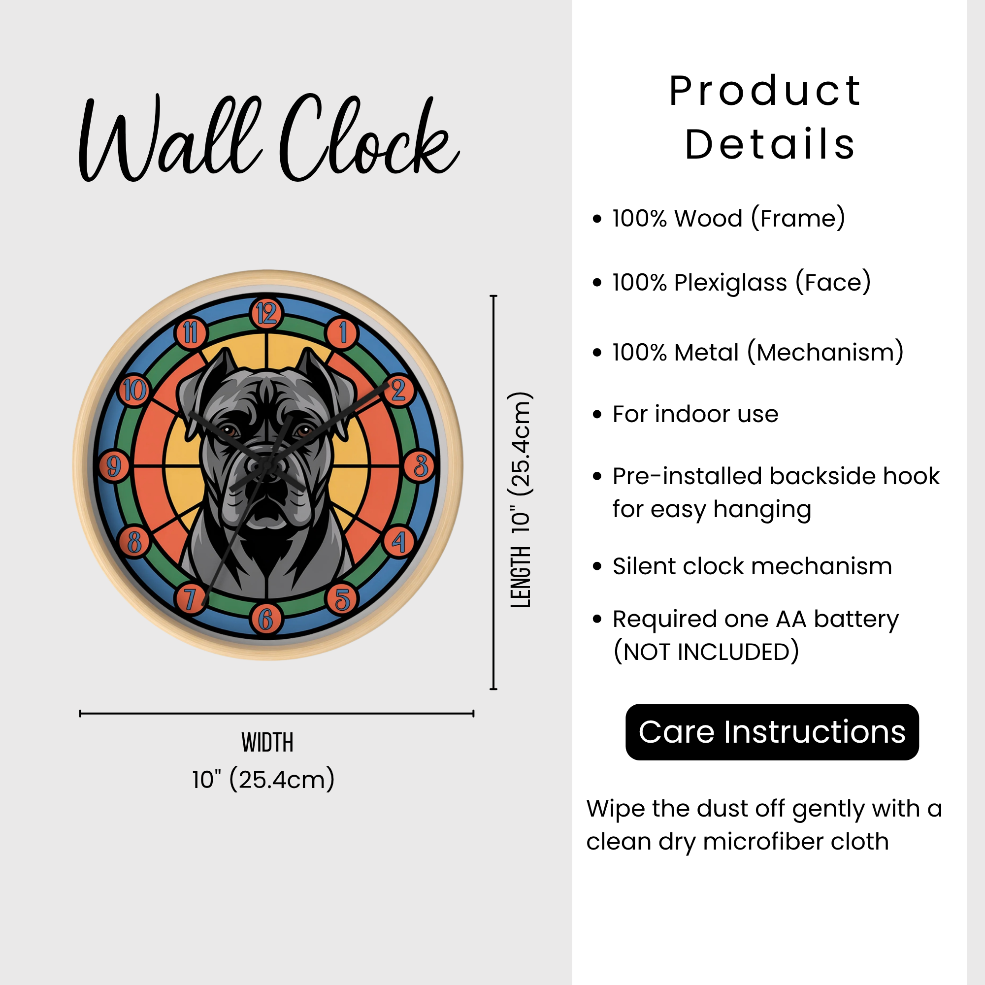 Wall clock with dog illustration and product details on a white background