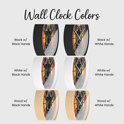 Comparison of wall clock colors with different finishes and hand colors on a white background.