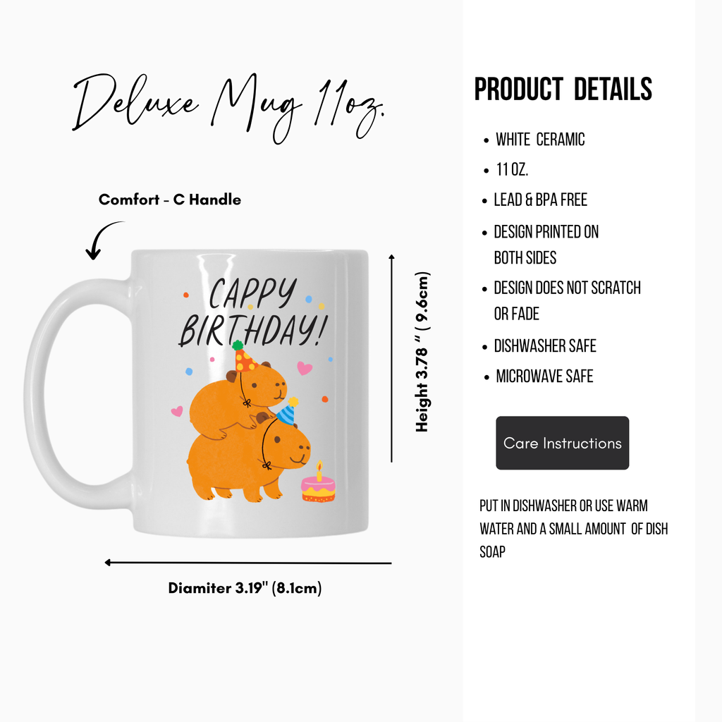 White ceramic mug with 'Cappy Birthday!' design, featuring two Capybaras and a cake, on a white background with product details.