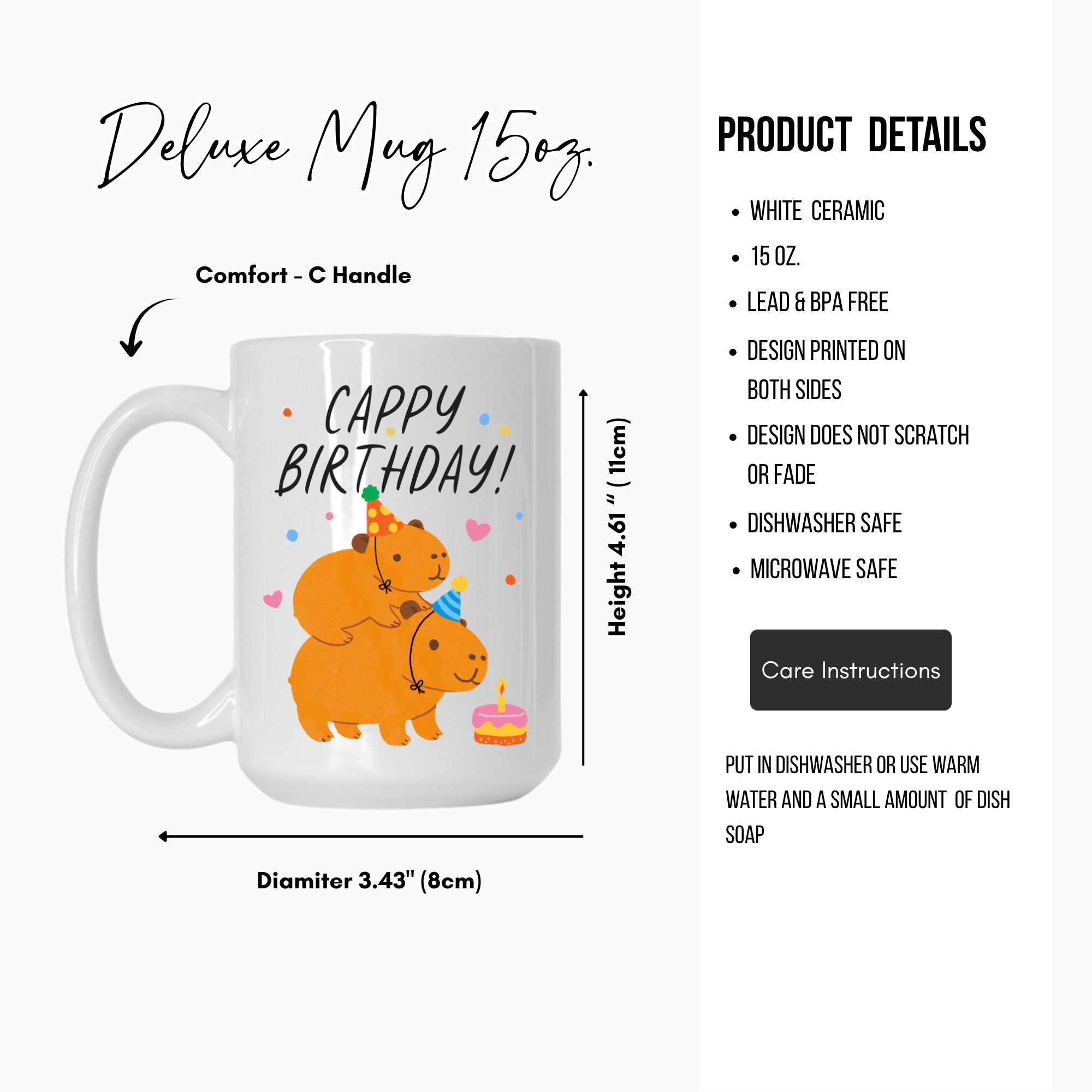 White mug with cartoon Capybaras and 'Cappy Birthday!' text, featuring product details on a white background.