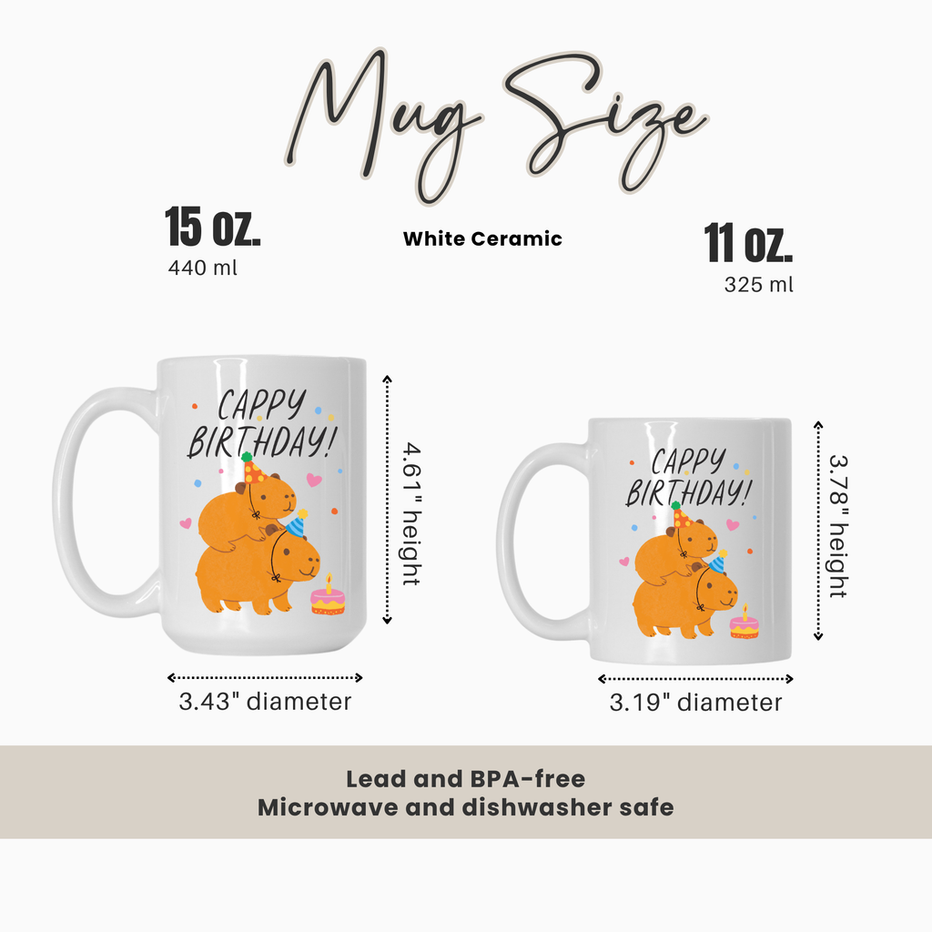Mug size comparison chart with two mugs and measurements.