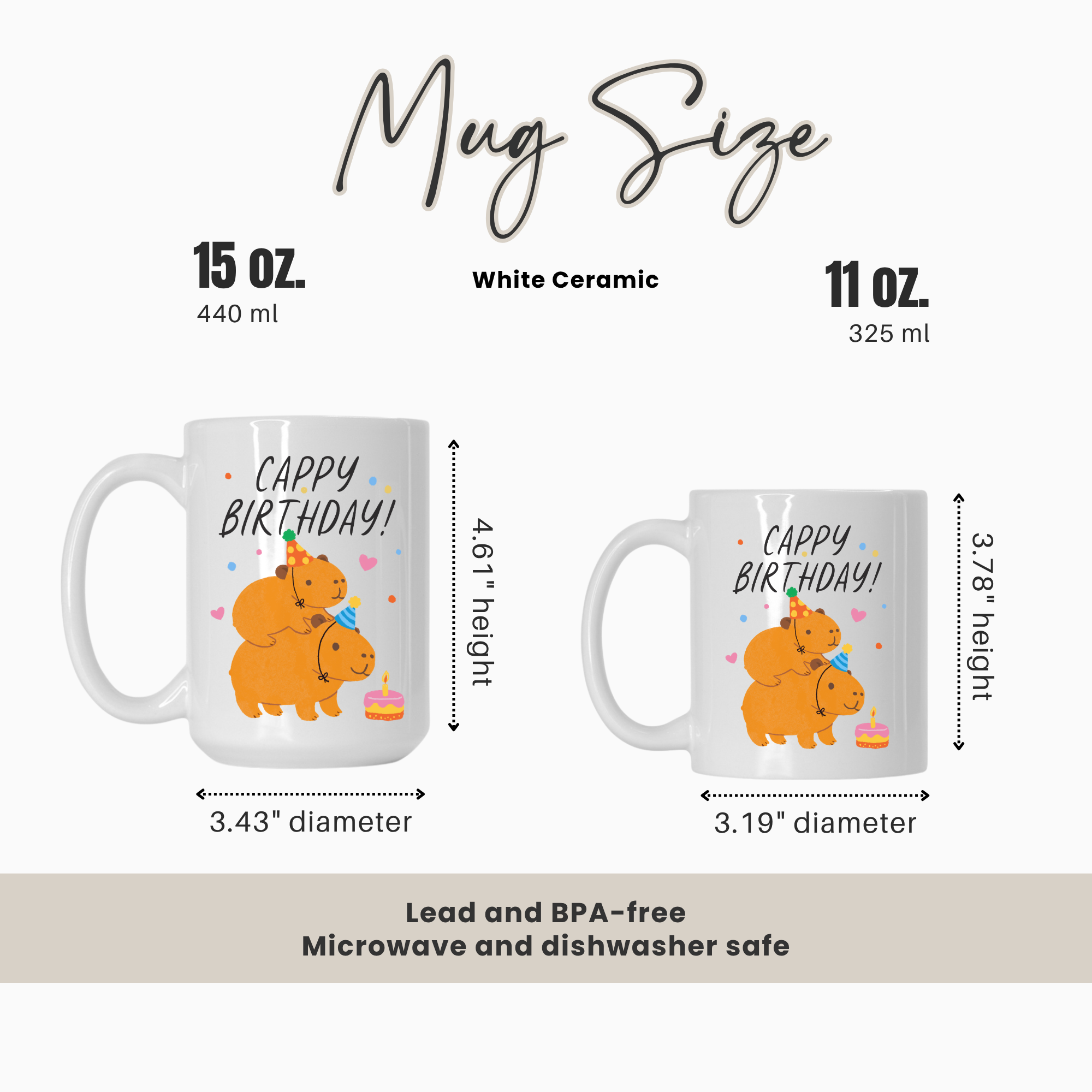 Mug size comparison chart with two mugs and measurements.