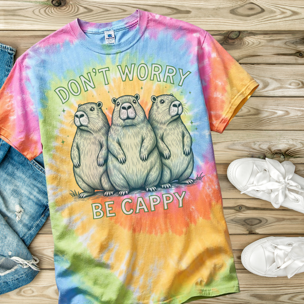 Colorful tie-dye t-shirt with capybara design and text 'Don't Worry Be Cappy' on a wooden surface.