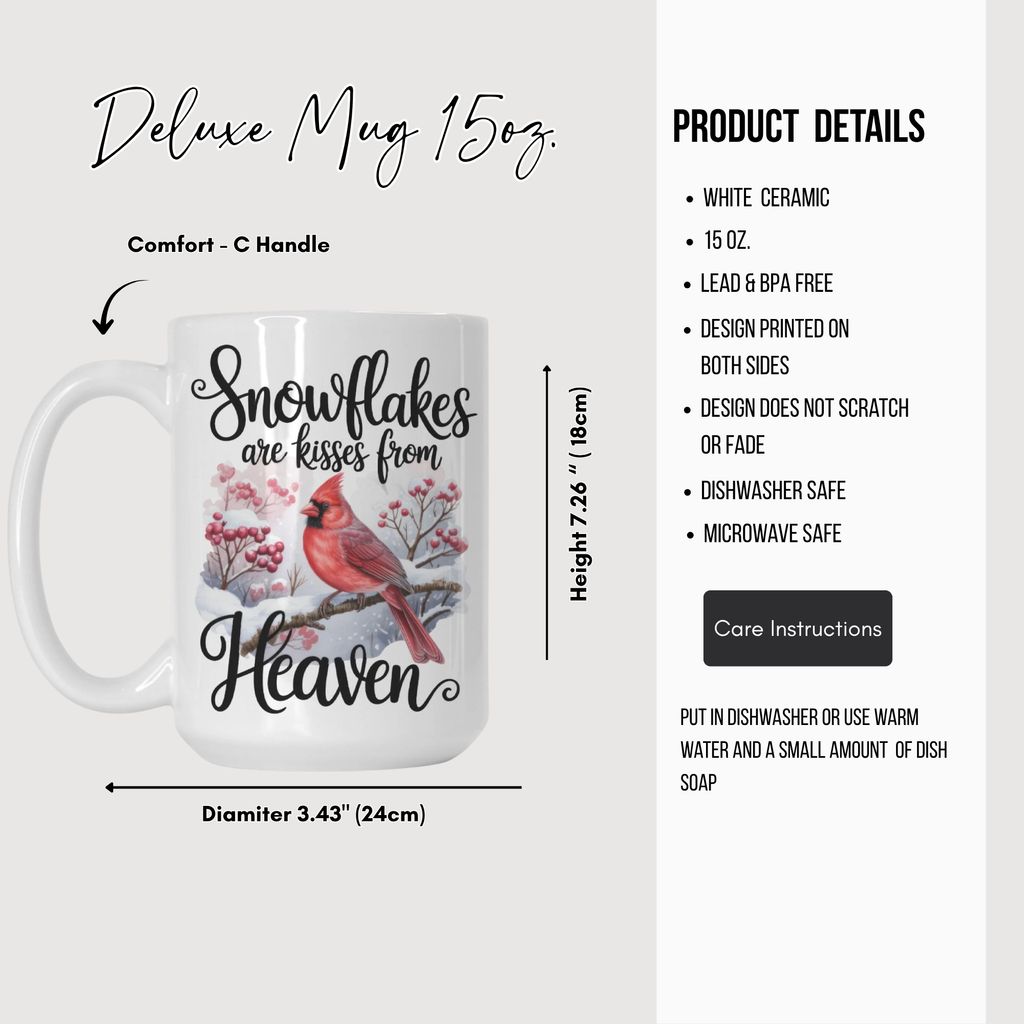 White ceramic mug with cardinal design and text, featuring product details on a white background.