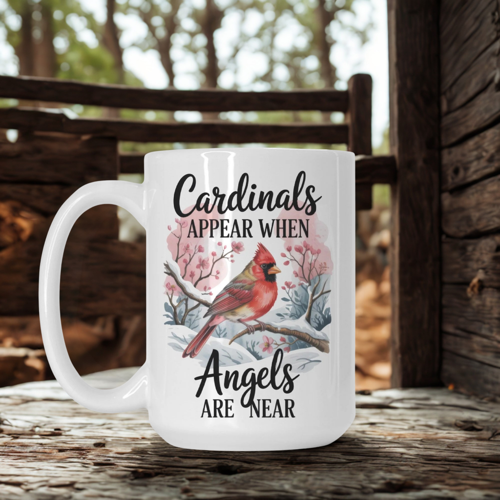 White mug with a cardinal design and text on a wooden surface
