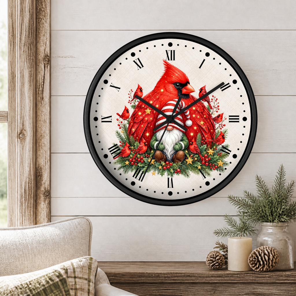 A round wall clock with a black frame and a festive Christmas design featuring a gnome, red cardinals, green holly, pinecones, and a white clock face, mounted on a white wood paneled wall above a wooden table with decorative plants and candles.