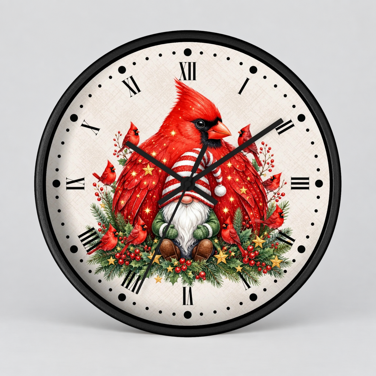 A round wall clock with a black frame and a festive holiday design featuring red cardinals, a gnome in a Santa hat, and green evergreen branches on an off-white textured background with black Roman numerals.