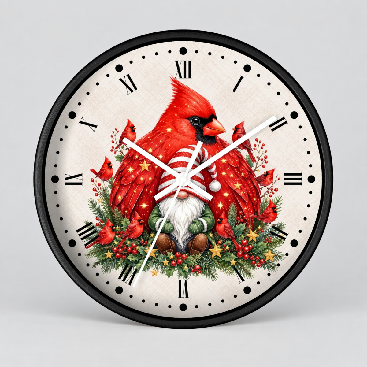 A round wall clock with a black frame and a festive Christmas design featuring red cardinals, a Santa-clad gnome, green garlands, and red berries on a light cream dial with black Roman numerals.