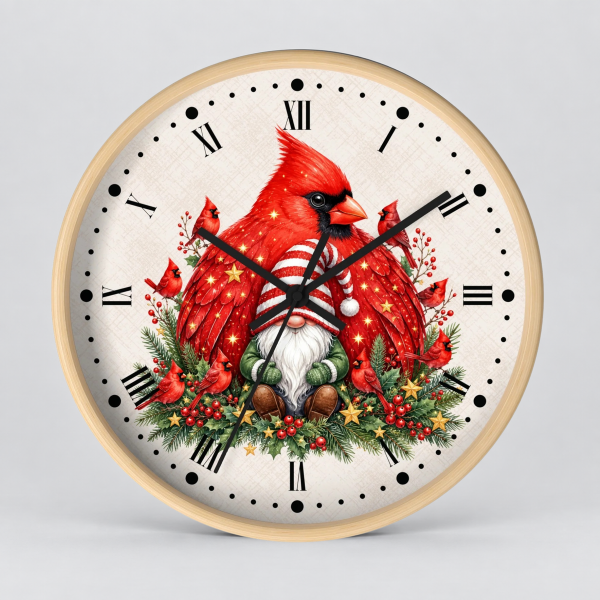 A round wall clock with a light wood frame and a festive Christmas design featuring red cardinals, green holly, a white beard, and gold stars on an off-white background.