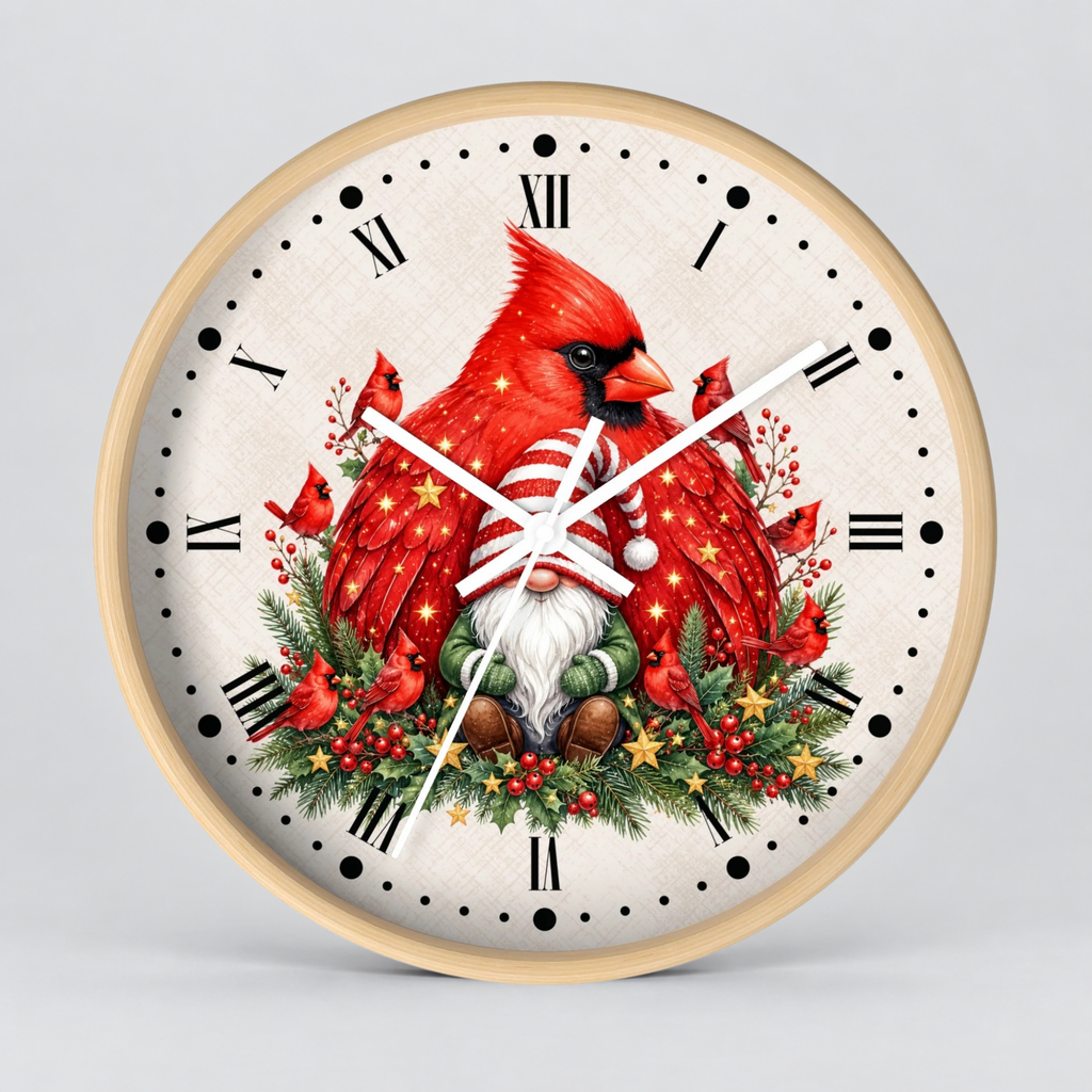 Round wall clock with a light wood frame and a festive Christmas design featuring red cardinals, a white-haired gnome in a red-and-white striped sweater, green garlands, red berries, and gold stars on an off-white background with black Roman numerals.