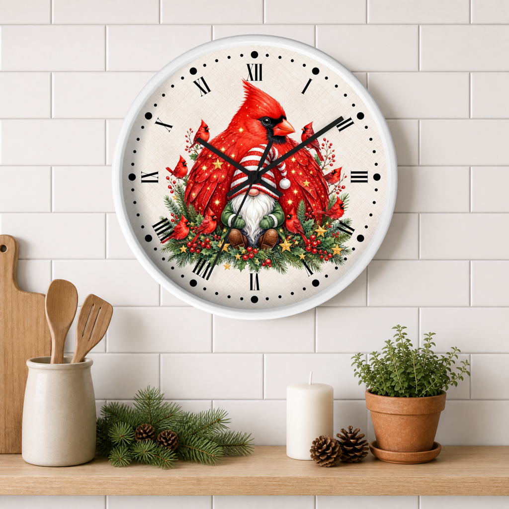 A round wall clock with a white frame hangs on a white subway tile wall above a wooden shelf. The clock face features a festive illustration of a red cardinal and gnome surrounded by holiday greenery.