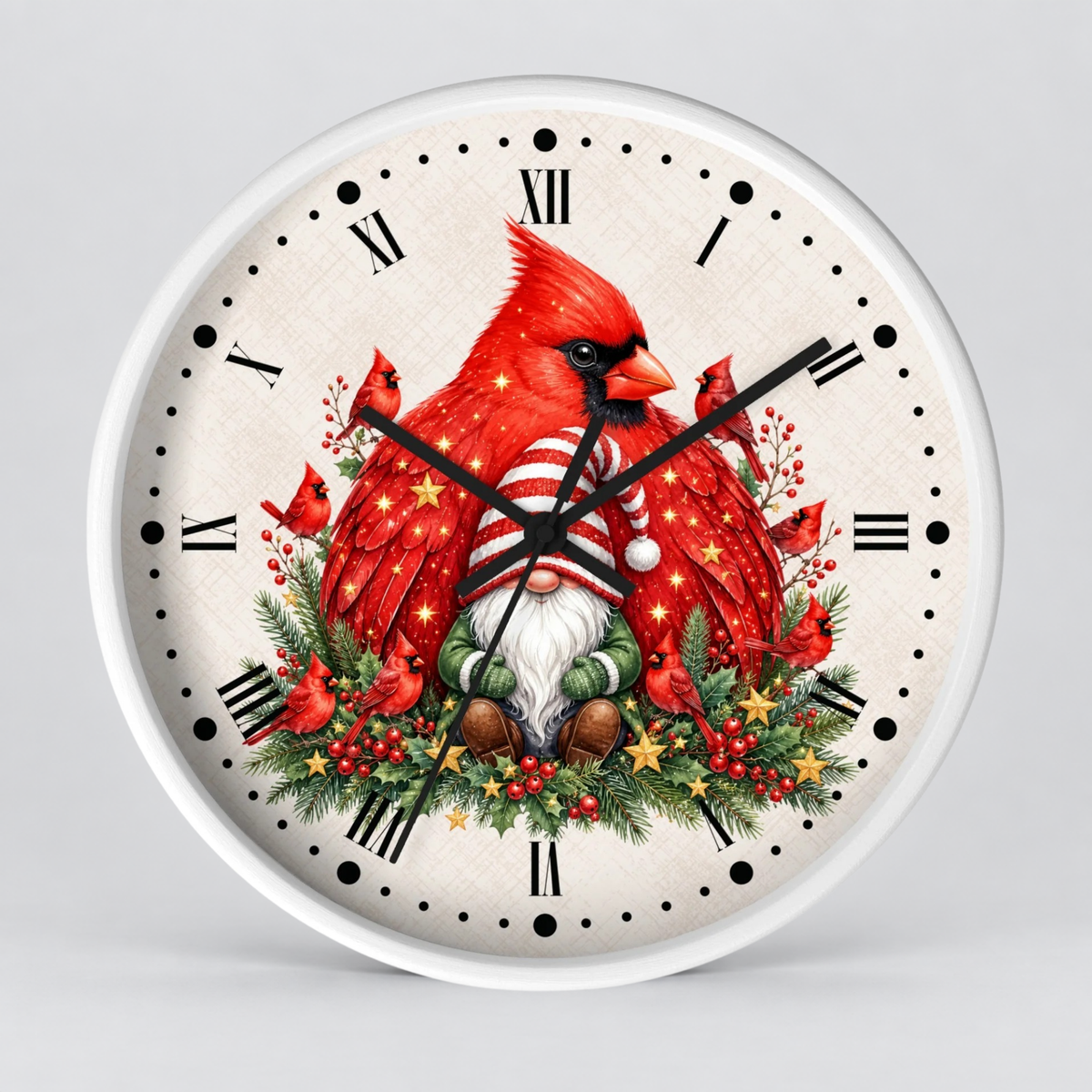 A round wall clock with a white frame and a festive Christmas design featuring red cardinals, a Santa-clad gnome, green garlands, and red berries on an off-white background.