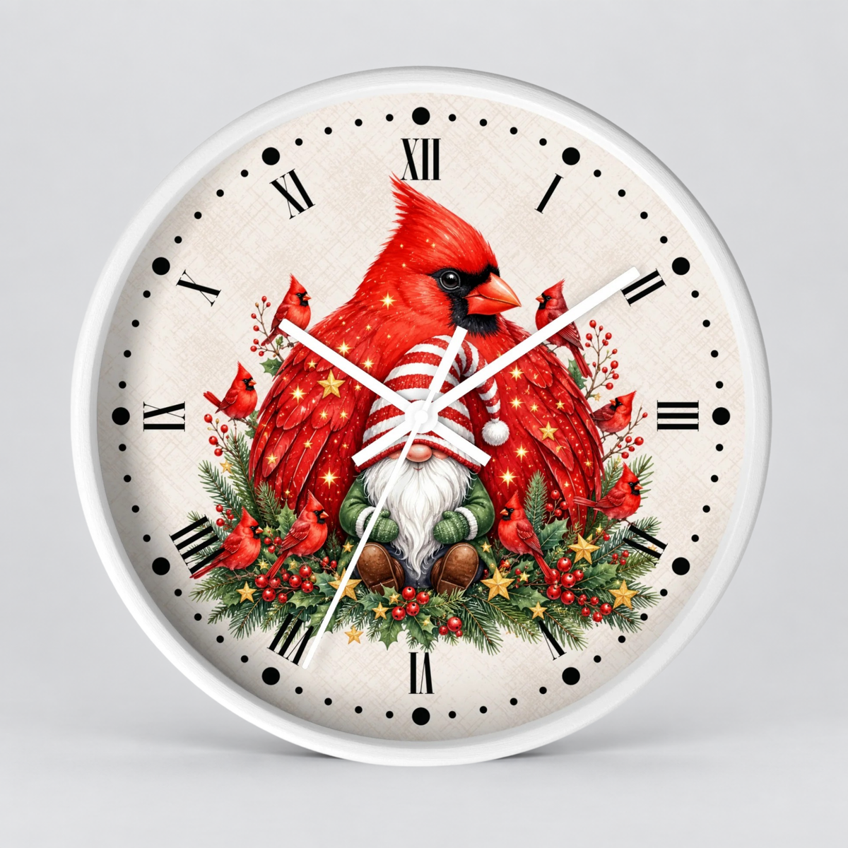A round wall clock with a festive Christmas design featuring a large red cardinal, smaller cardinals, a gnome, evergreen branches, and red berries on an off-white face with black Roman numerals.