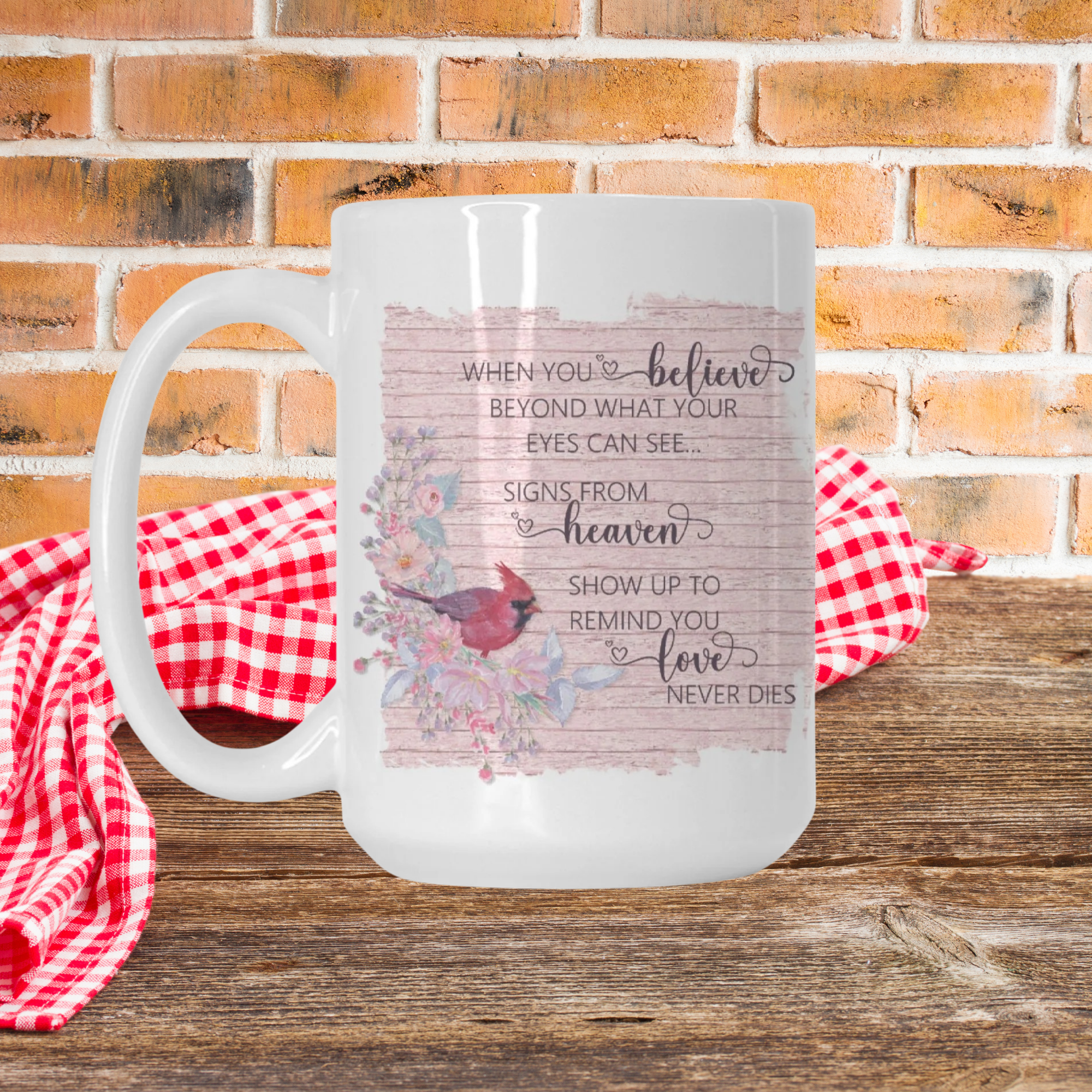 Cardinal Love Never Dies Mug Deluxe 15oz.