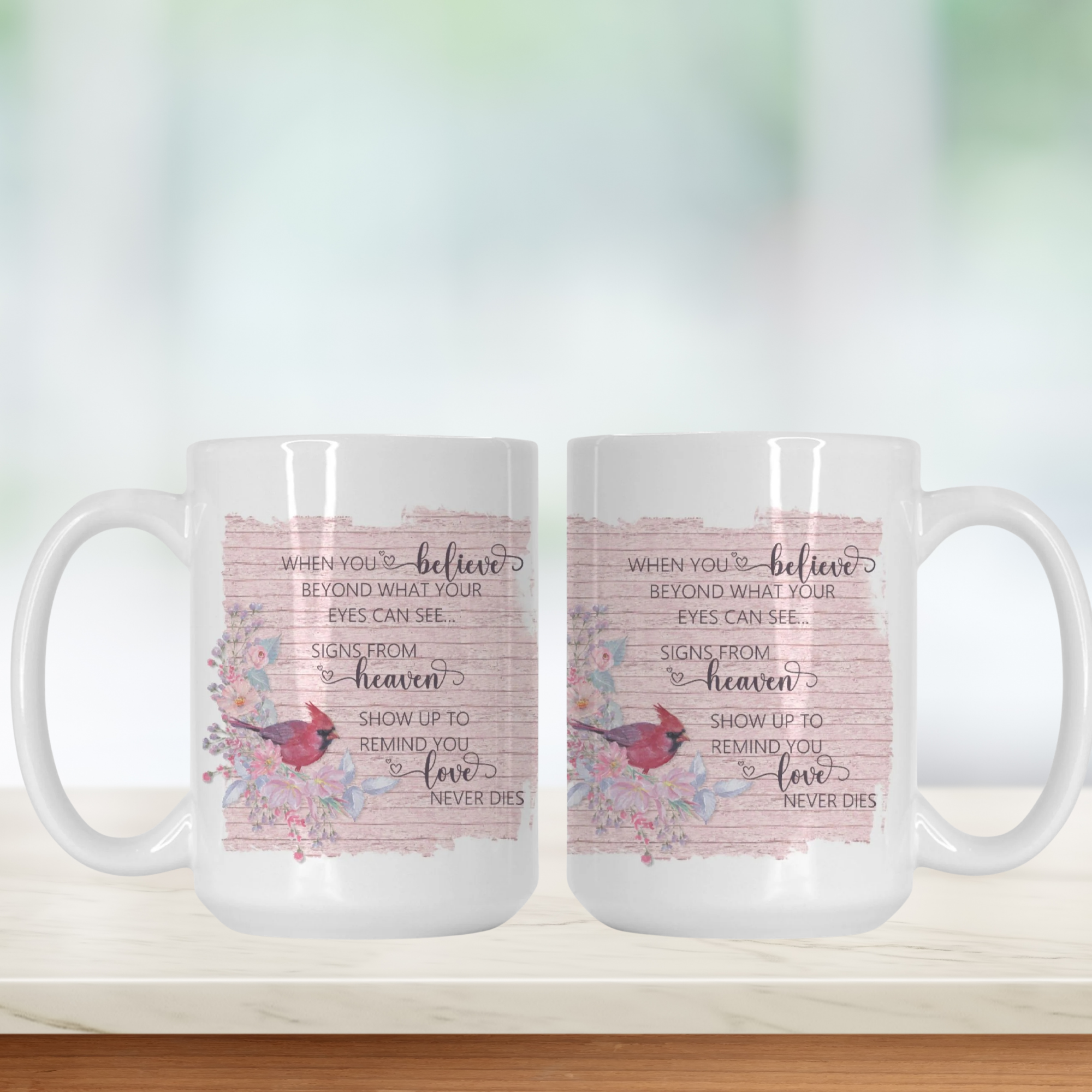 Cardinal Love Never Dies Mug Deluxe 15oz.