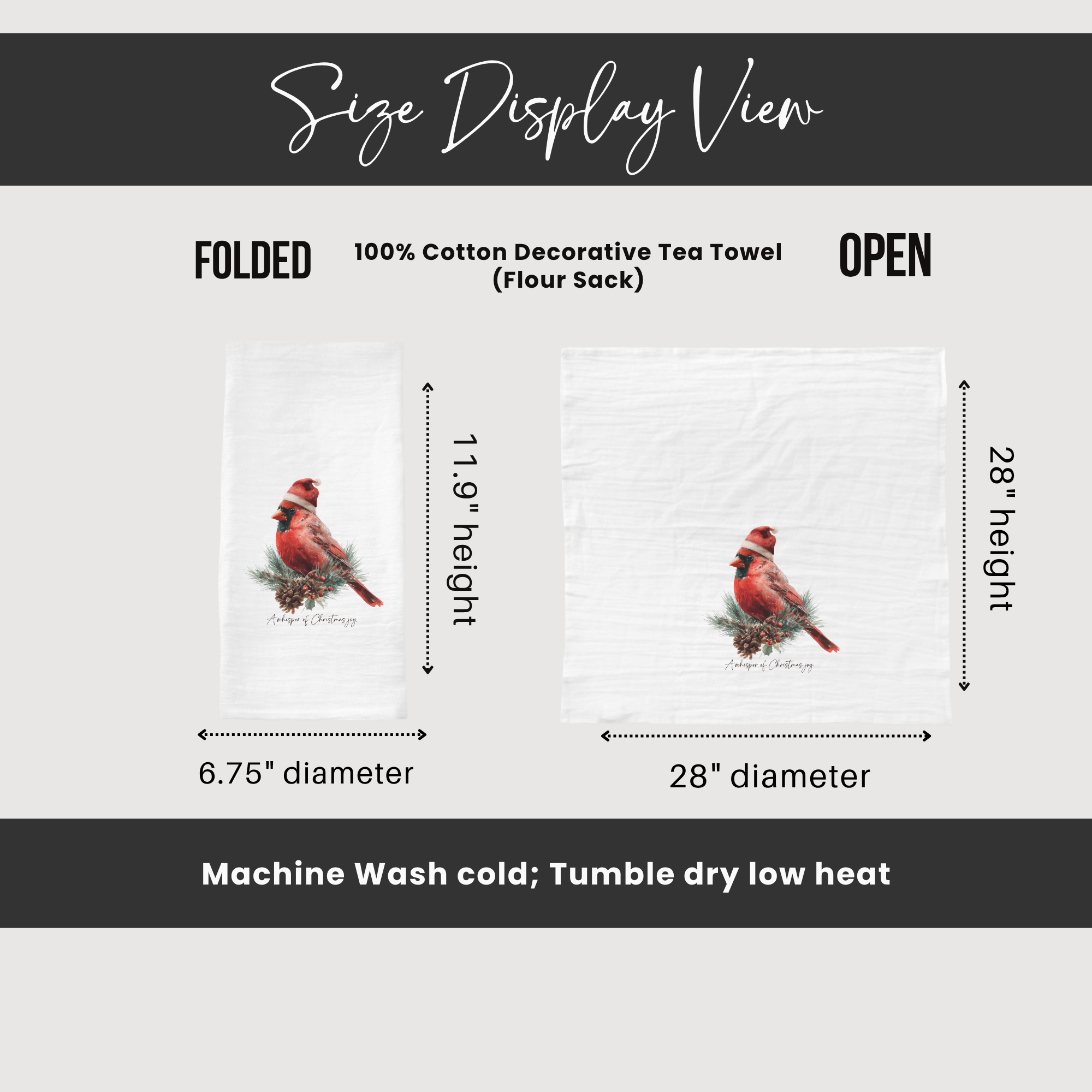 Size display view of a decorative tea towel with cardinal design, showing folded and open dimensions.