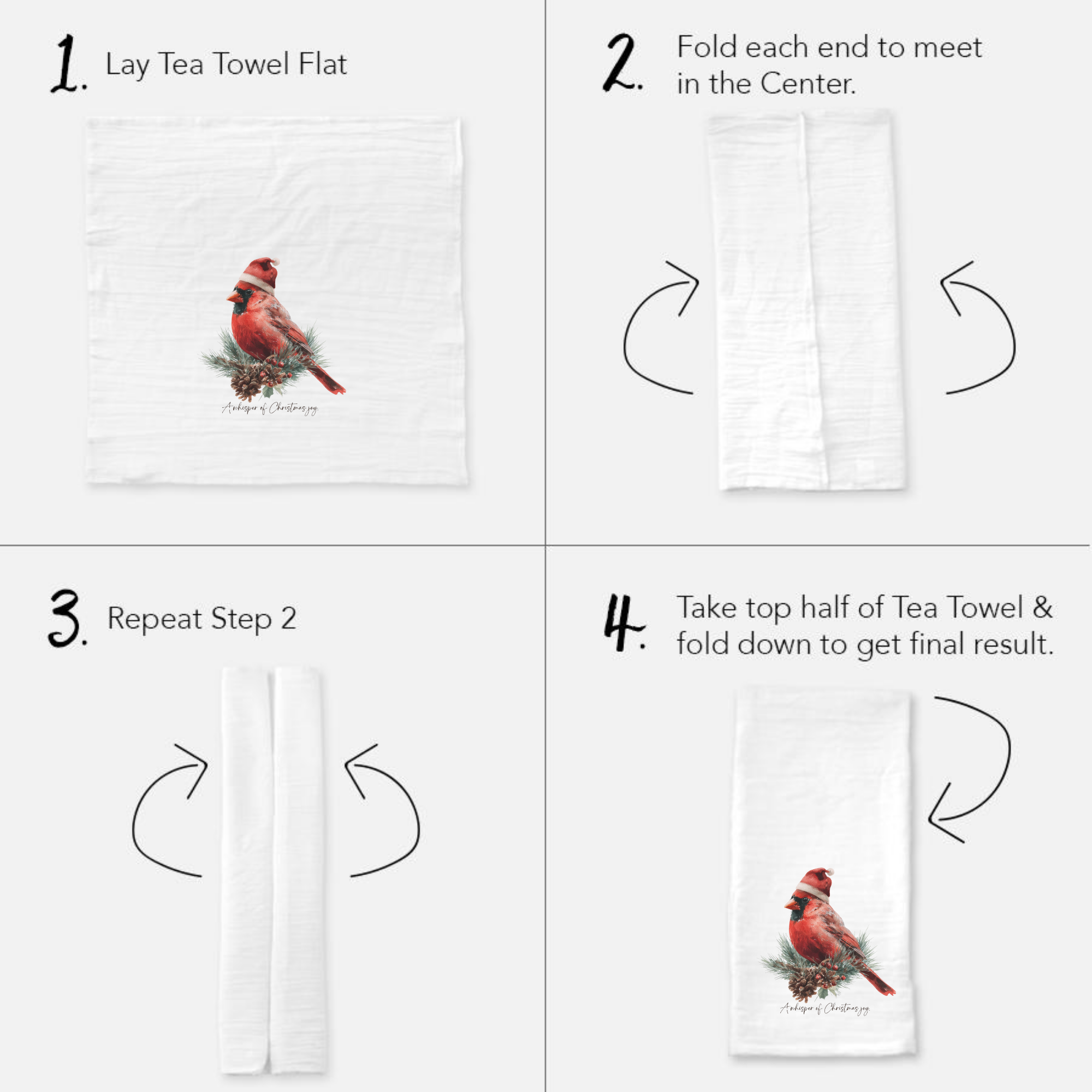 Instructions for folding a tea towel with a cardinal design on a white background