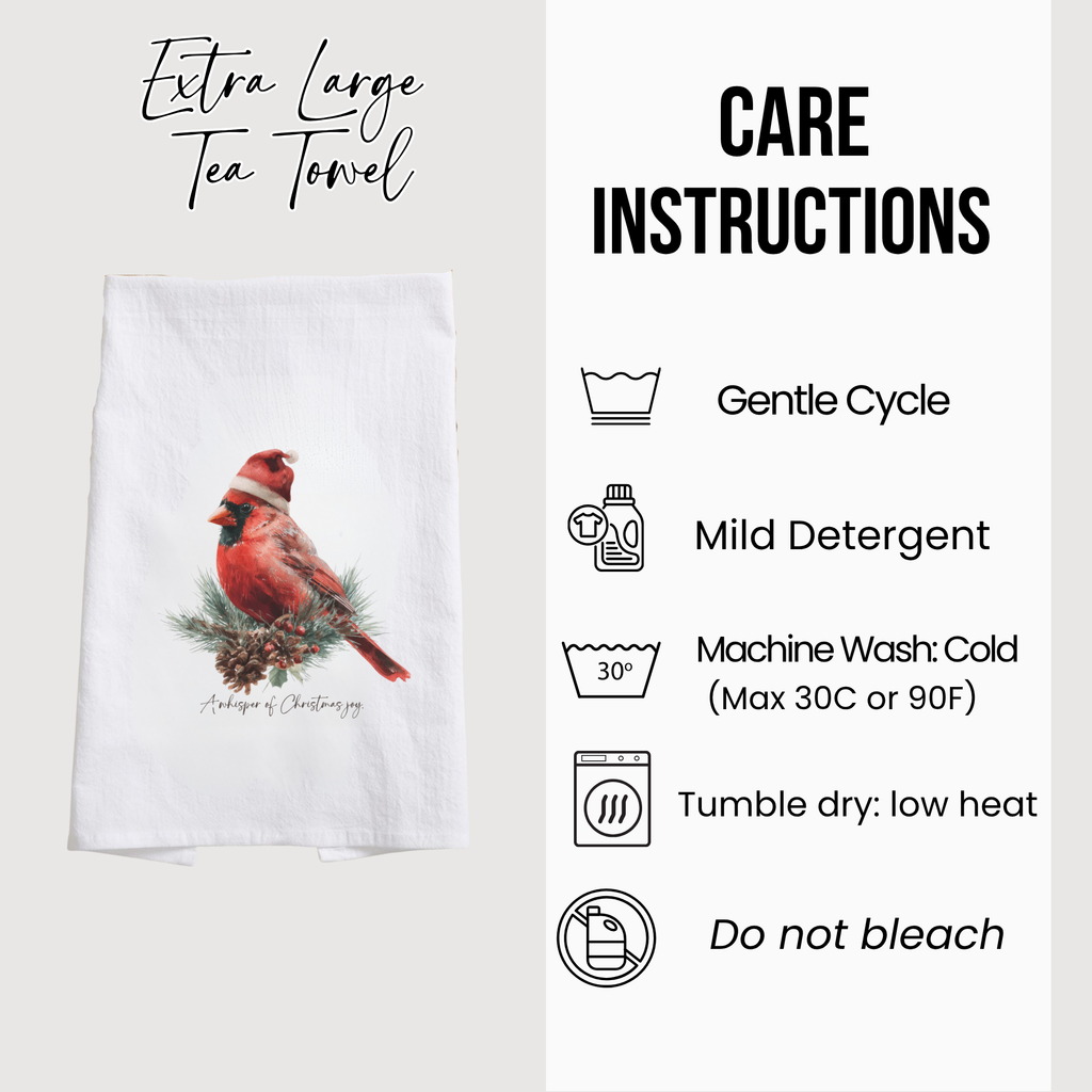 Tea towel with cardinal design and care instructions on a white background