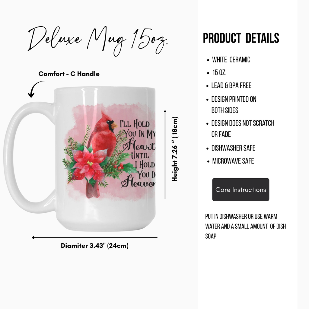 White ceramic mug with cardinal and poinsettia design, featuring product details on a white background.