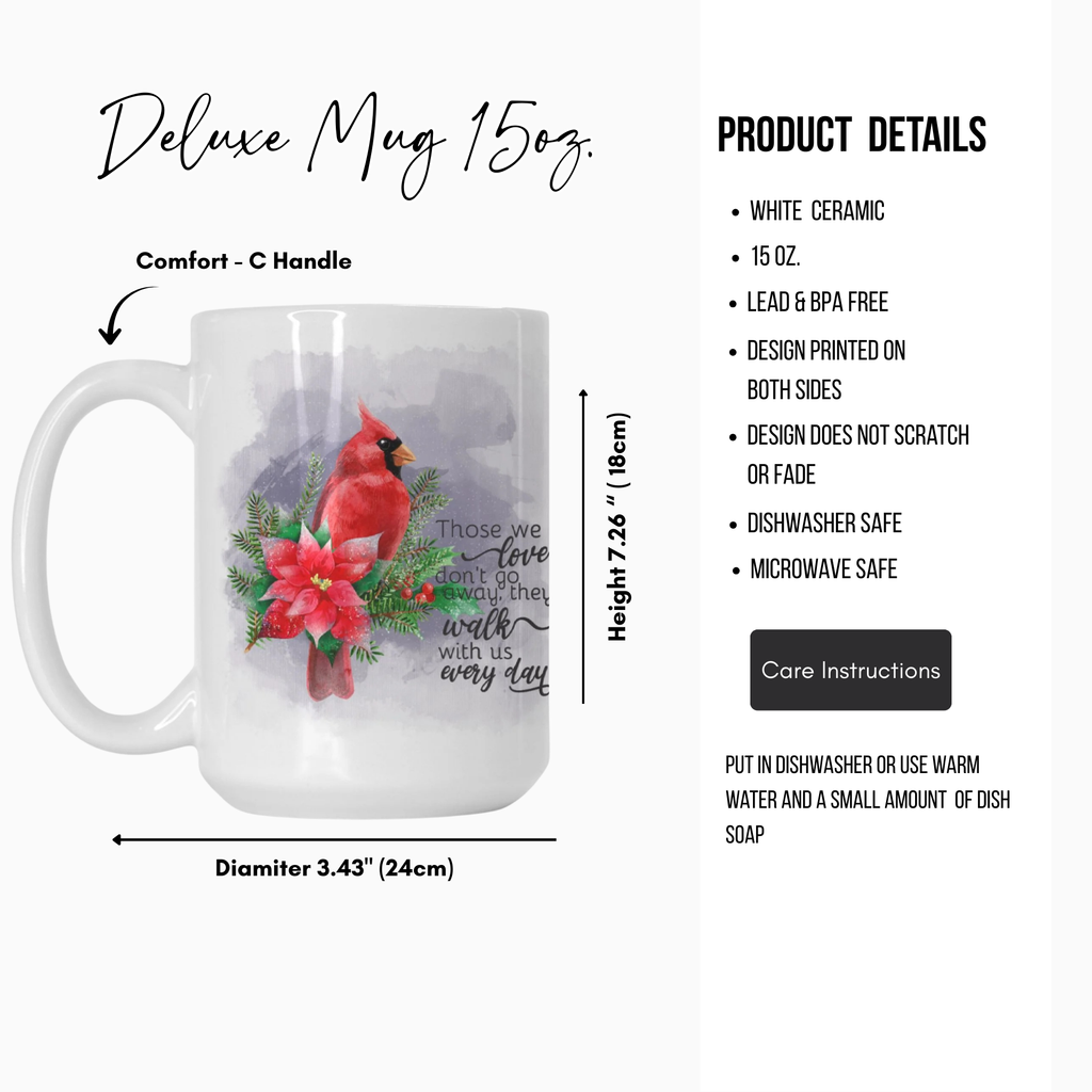 White ceramic mug with a red cardinal and poinsettia design, featuring product details on a white background.