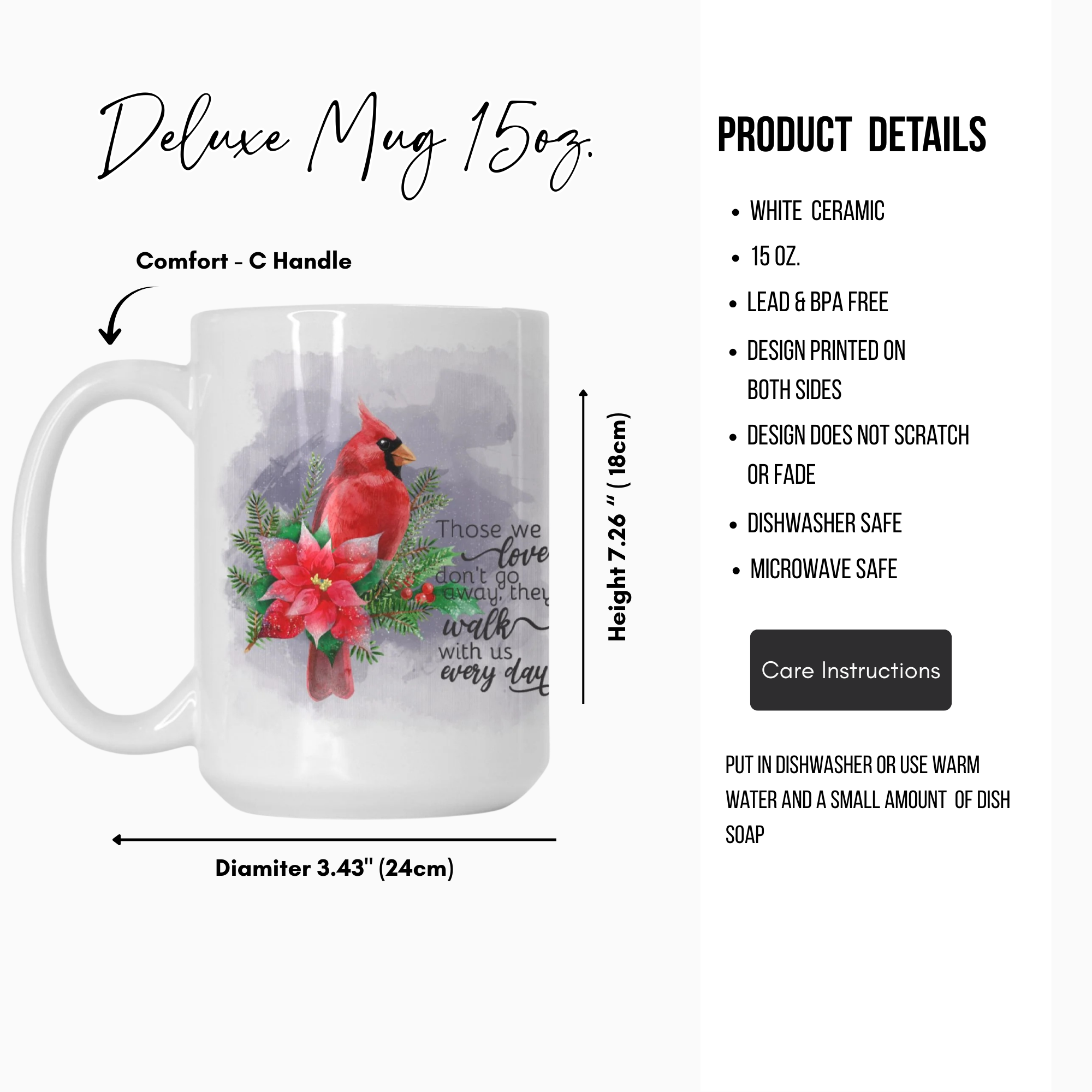 White ceramic mug with a red cardinal and poinsettia design, featuring product details on a white background.