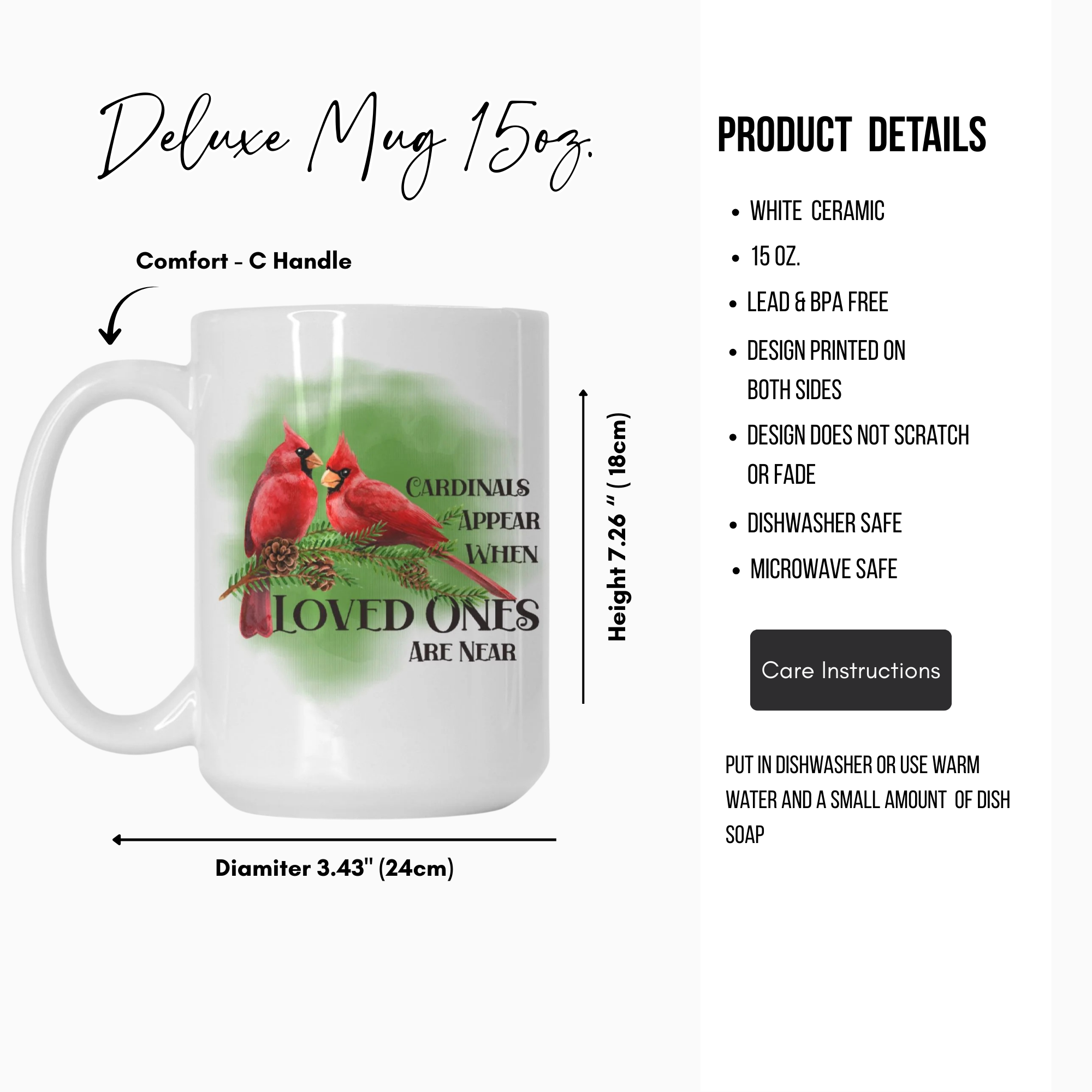 White ceramic mug with cardinal design and product details on a white background