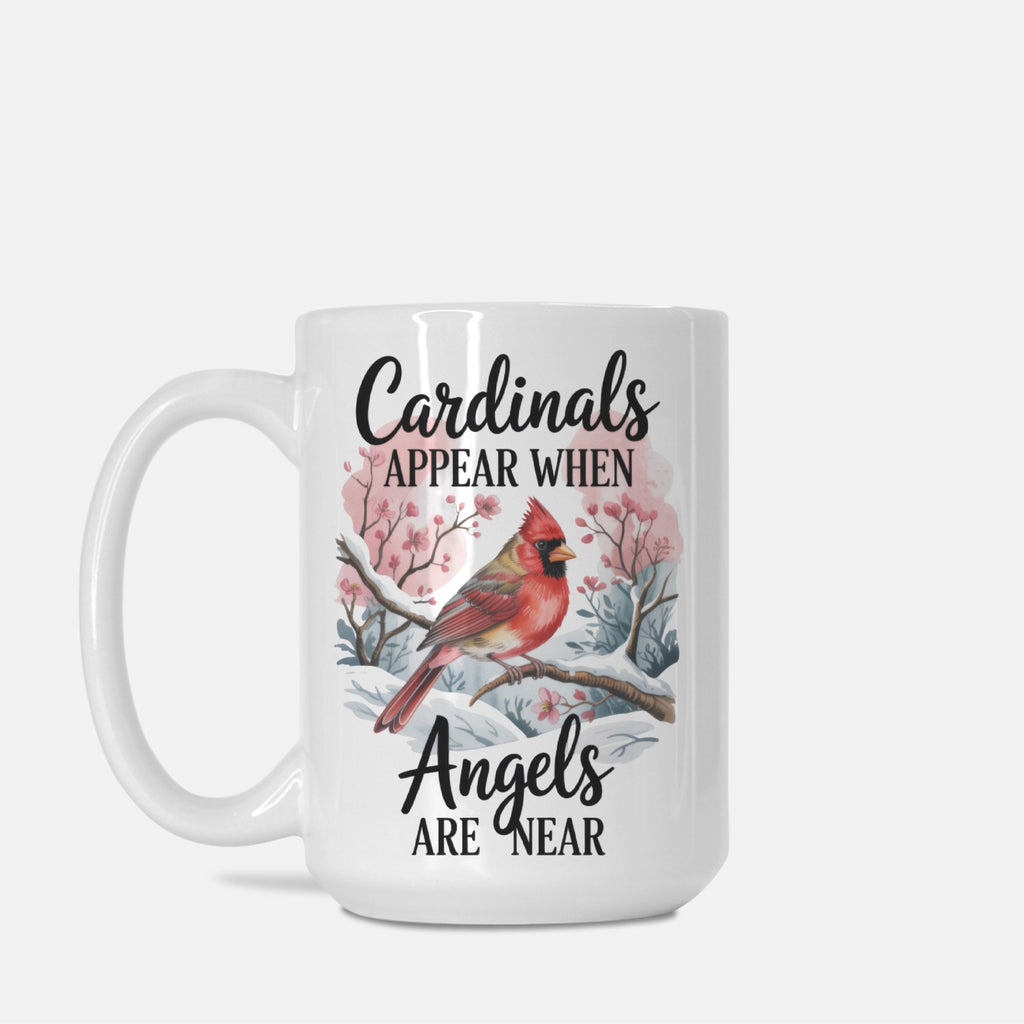 White mug with a red cardinal illustration and text on a white background